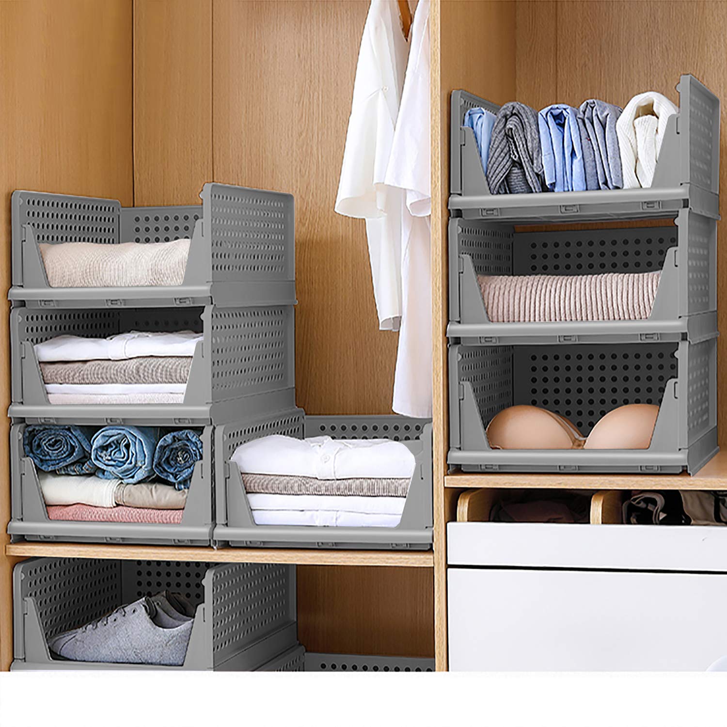 4-Pack Folding Wardrobe Storage Boxes - Plastic Drawer Organizers with Dividers, Stackable Shelf Baskets for Clothes & Toys - Space Saving Closet & Laundry Organization for Bedroom, Office & Home Storage Solutions