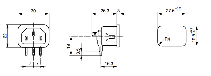 6130.5610 IEC C14 Appliance Inlet Connector - 10A Snap-In Mount with PCB Terminals for Power Supplies & Electronic Equipment