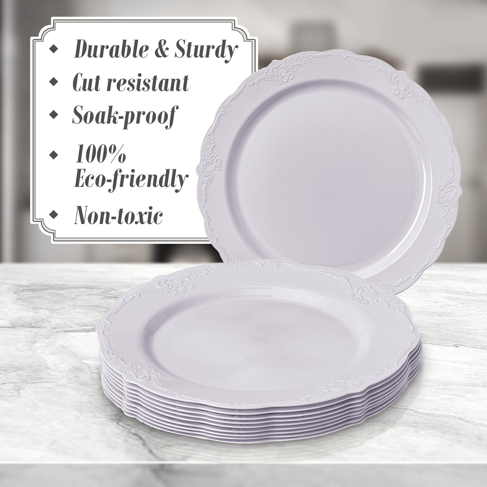 Premium Silver Vintage Disposable Plastic Dinner Plates - 10-Piece Set, Pack of 2 - Elegant White Reusable Tableware for Parties, Picnics & Catering Events