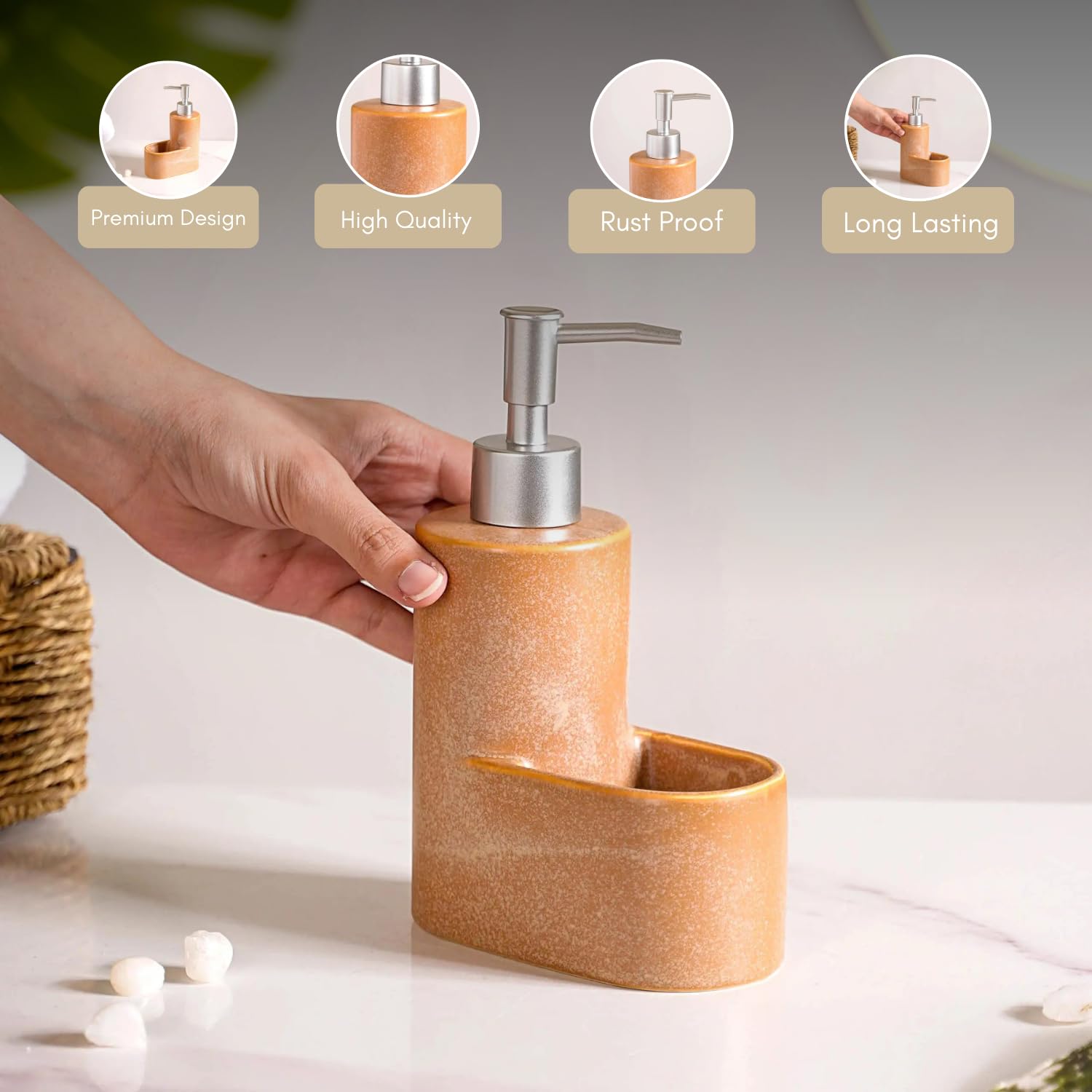 Nestasia Ceramic Soap Dispenser with Sponge Holder - Elegant Brown Bathroom Organizer for Hand Wash & Soap Storage | Perfect for Modern Vanities, Farmhouse Sinks & Spa-Style Bathrooms