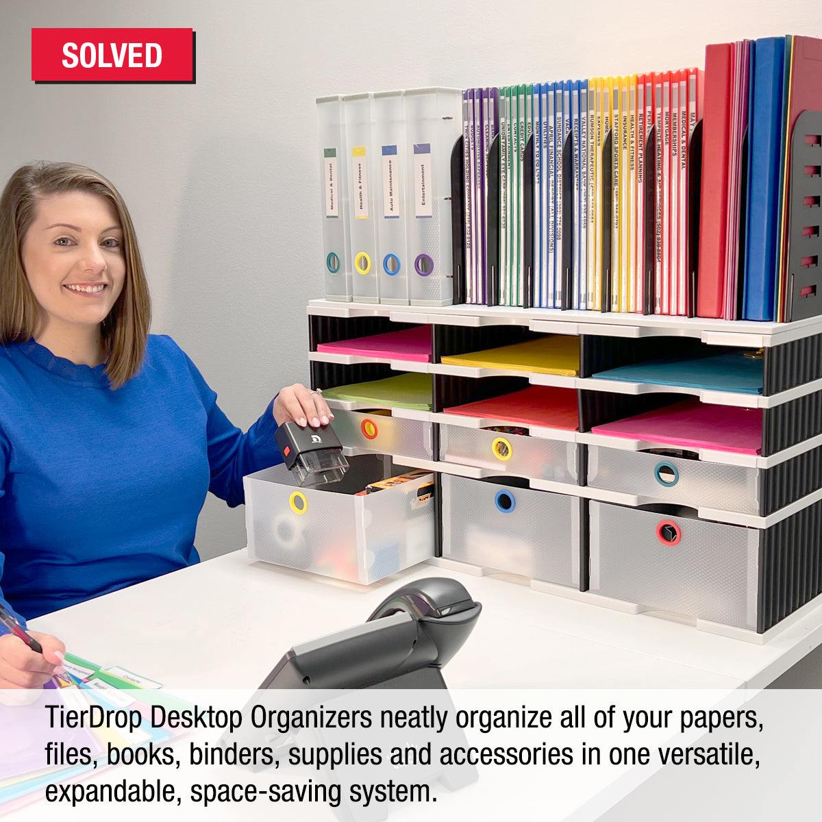 9-Slot Desktop Organizer with Riser Base & Vertical File Holder - 3 Storage & 3 Supply Drawers for Documents, Binders & Office Supplies - Perfect for Home Office, Workspace & School Organization