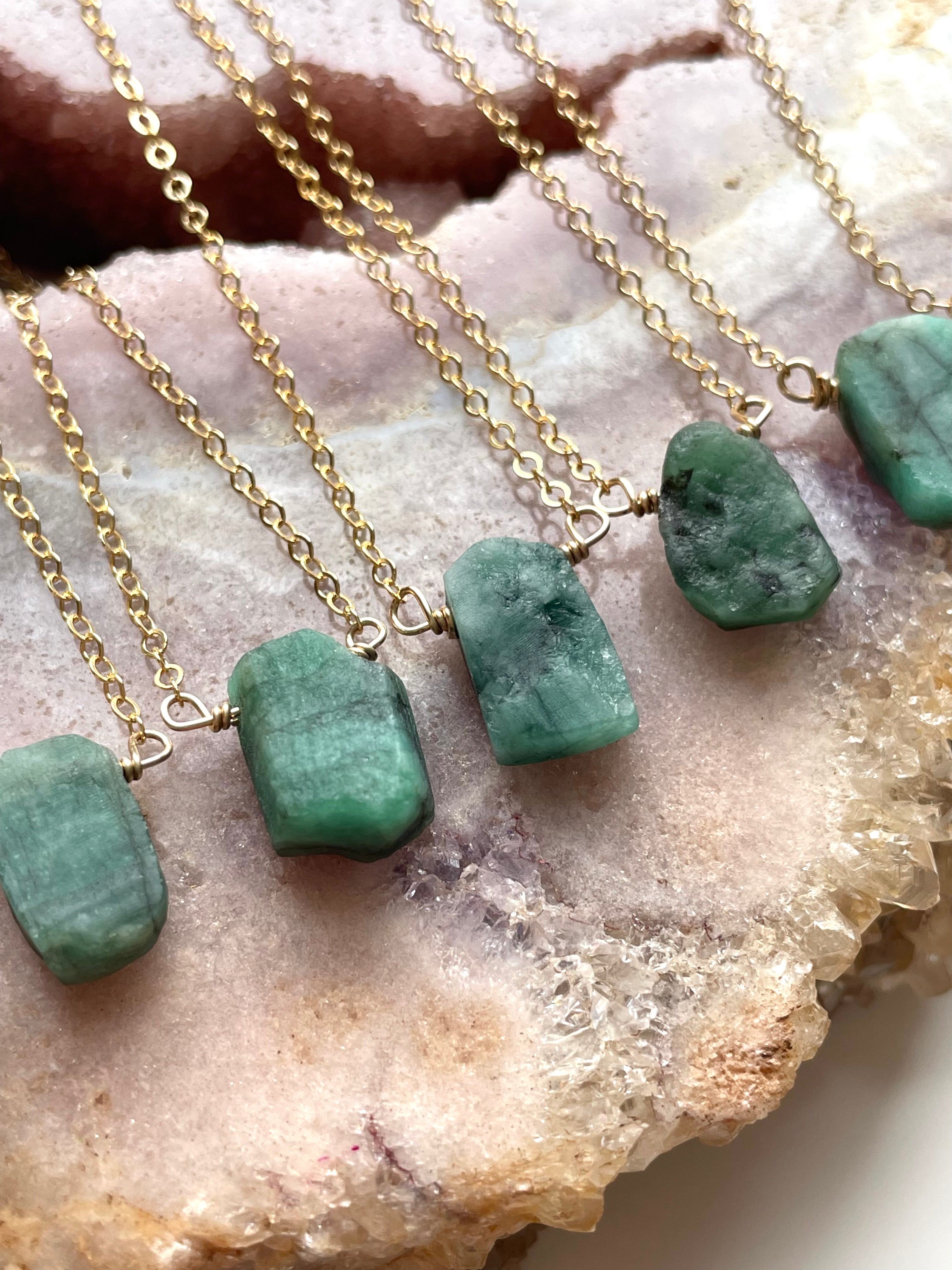 Natural Raw Emerald Pendant Necklace - 14K Gold Filled or 925 Sterling Silver Chain - Boho Chic Jewelry for Women, Gift for Her, Birthday & Anniversary Present