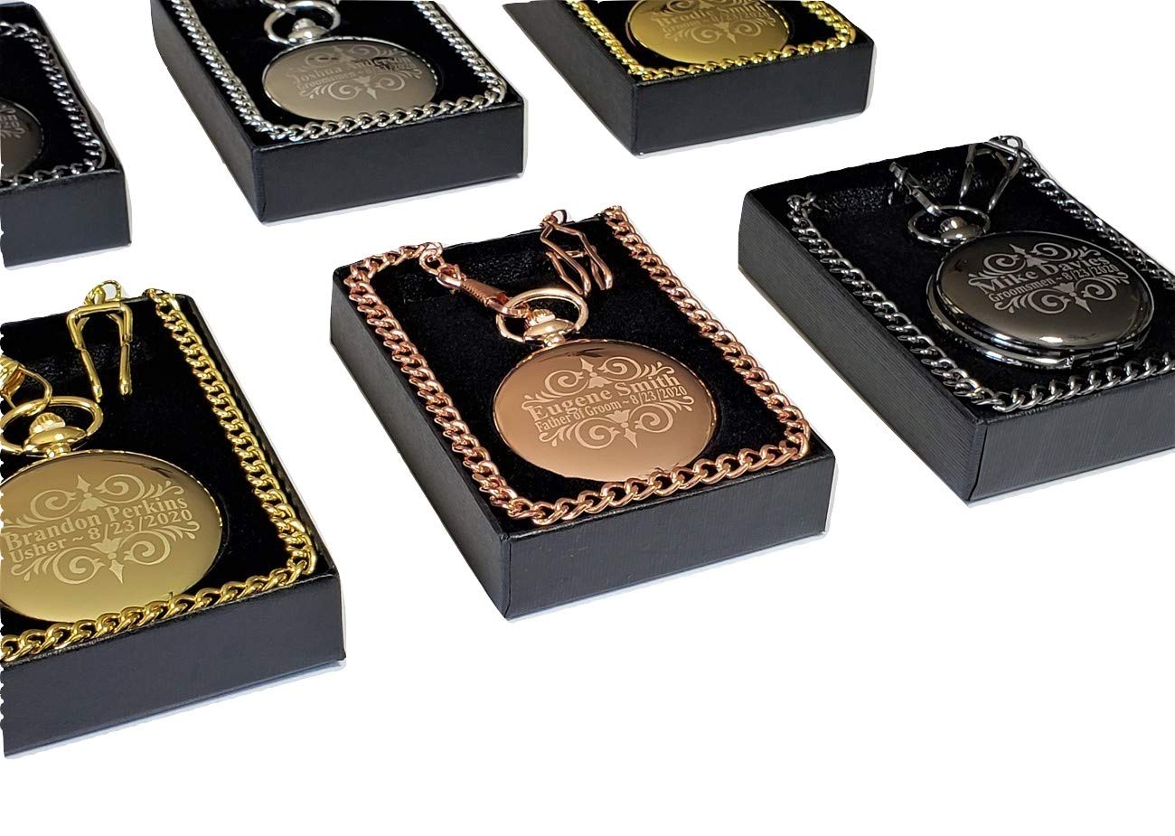 ETERNITY 4 Engraved Wedding Pocket Watches Set - Customized with Names/Dates, Includes 4 Watches, Chains & Gift Box - Perfect for Anniversaries, Bridal Party Gifts & Vintage-Themed Weddings