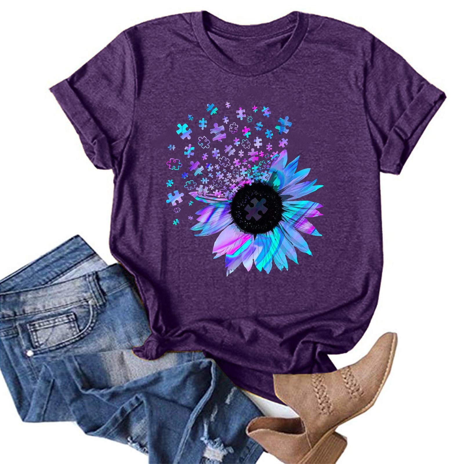 Vintage Dandelion Sunflower Printed Women's Graphic T-Shirt - Casual Round Neck Short Sleeve Loose Blouse for Summer Outfits & Boho Style