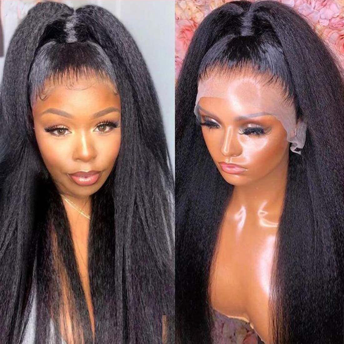 Beauty Forever Kinky Straight Lace Front Wigs Human Hair - Yaki Straight 13x4 Lace Frontal Wig Brazilian Human Hair for Women | Pre-Plucked with Baby Hair, 150% Density, Natural Color, 16 Inch | Perfect for Daily Wear, Cosplay, and Special Occasions