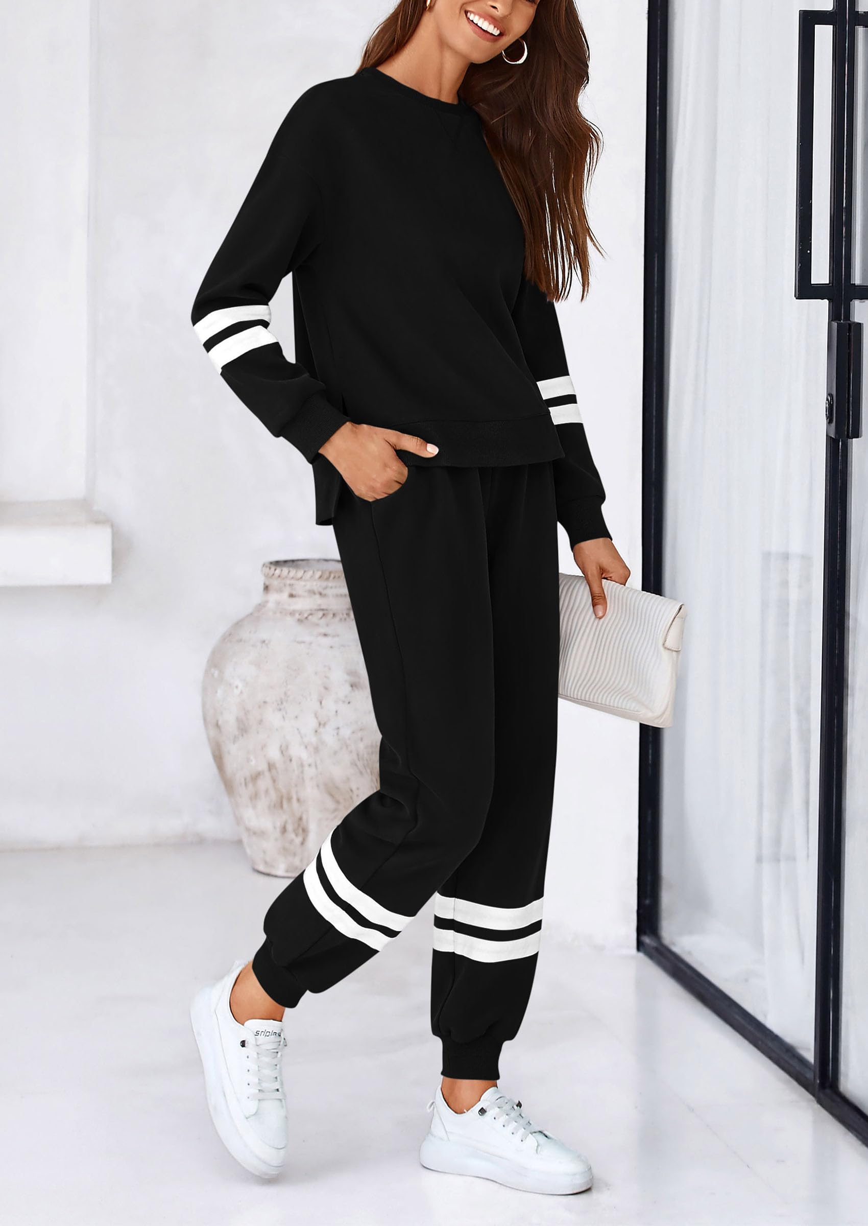 PRETTYGARDEN Women's 2 Piece Striped Tracksuit Set - Long Sleeve Sweatshirt & Sweatpants Lounge Outfit | Casual Wear, Yoga, Running, Home Relaxation