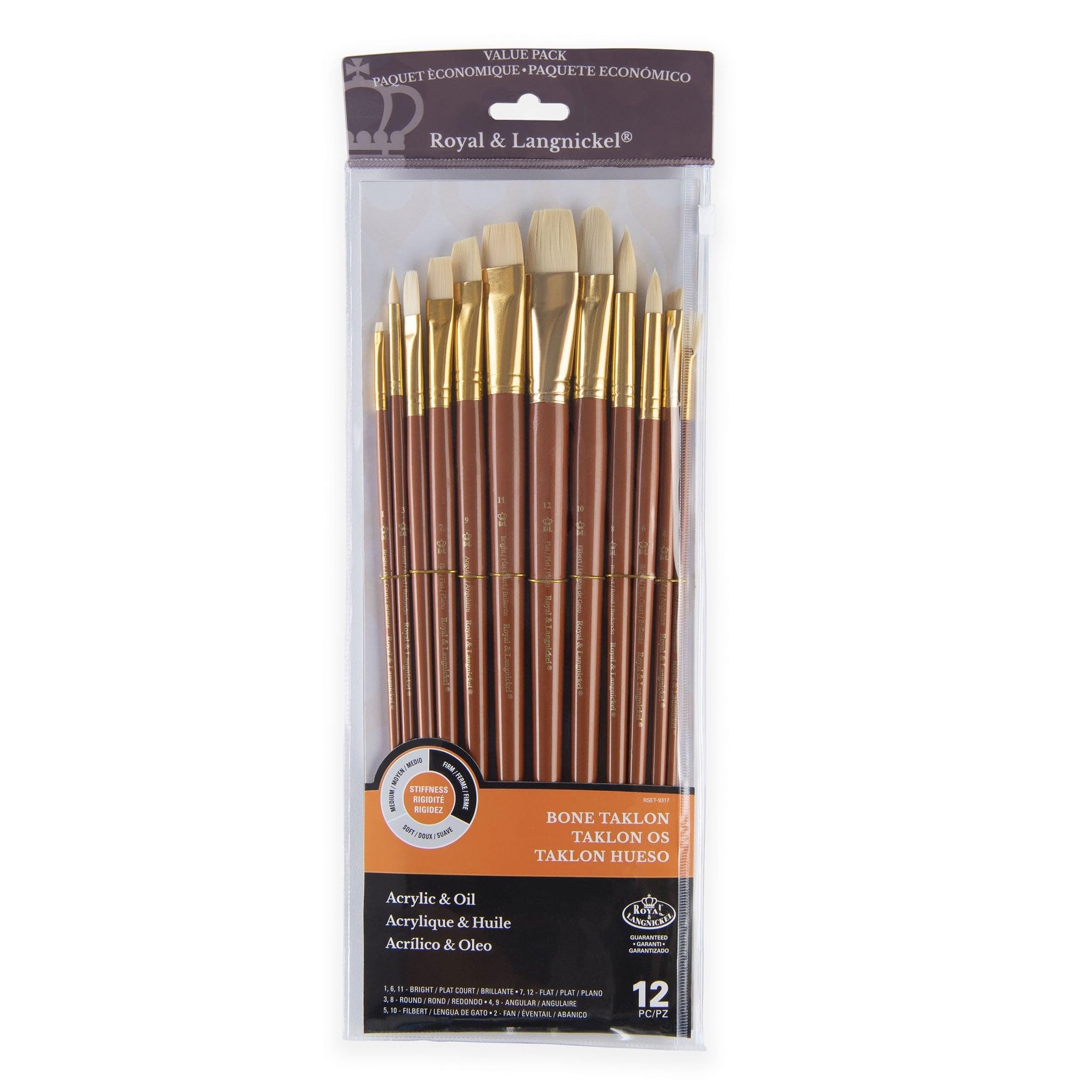 Royal & Langnickel Zip N' Close 12-Piece Professional Paint Brush Set - Firm Bone Taklon Bristles for Acrylic, Oil & Watercolor Painting - Perfect for Artists, Students & DIY Home Decor Projects