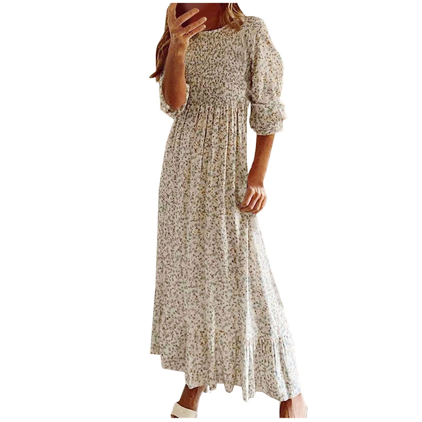 Women's 3/4 Sleeve Chiffon Floral Print Bohemian Midi Dress - Plus Size Vintage Wedding Guest Dress for Party, Evening Events & Special Occasions