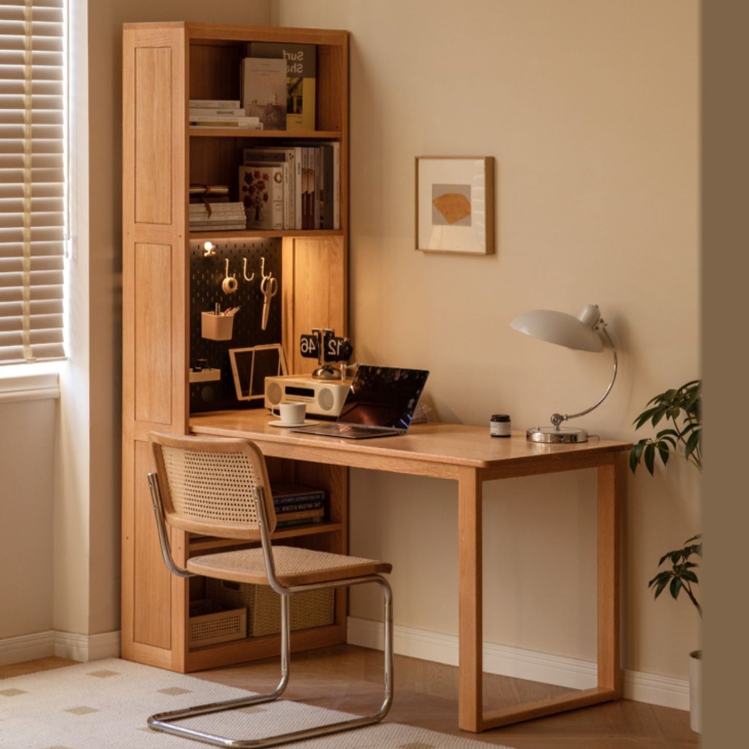 Solid Oak Wood Integrated Desk Cabinet with Storage - Modern Home Office Furniture for Work & Study