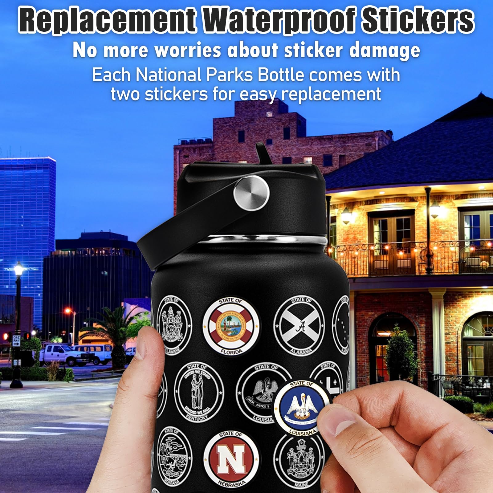 50 States Travel Water Bottle - 32oz Insulated Stainless Steel with 2 Lids, Stickers, Straw & Silicone Boot | Leakproof Vacuum Flask for Hiking, Camping & Road Trips | USA Bucket List Gift Idea (Black)