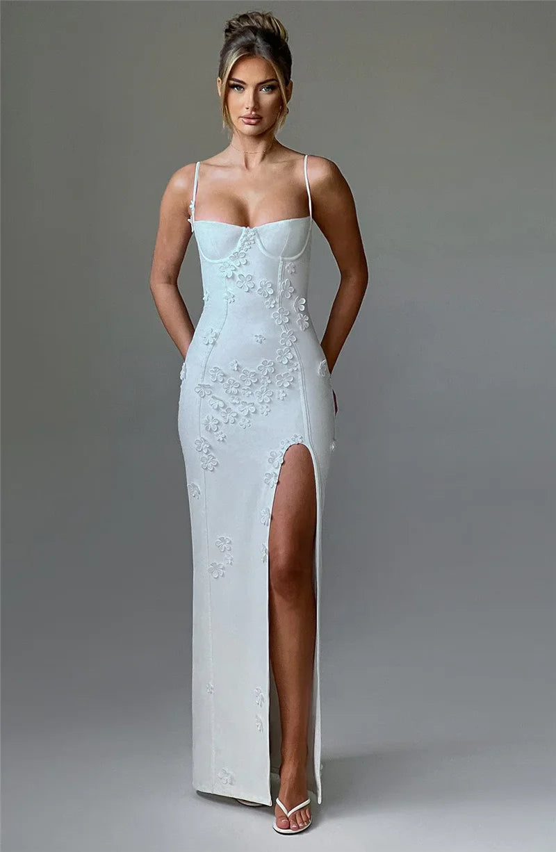3D Floral Spaghetti Strap Sexy Maxi Dress for Women - Off Shoulder Backless Thigh High Split Evening Gown | Perfect for Club Parties, Date Nights & Summer Vacations