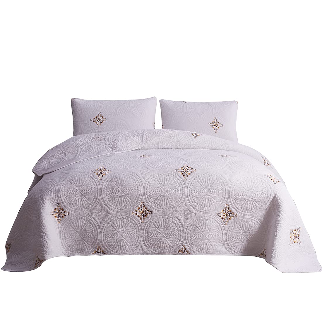 VCTOPS 100% Cotton Embroidered Quilted Bedspread Set - 3 Piece Reversible Round Pattern Coverlet for Queen Size Bed | Luxury Bedding Collection for Master Bedroom & Guest Room Decor