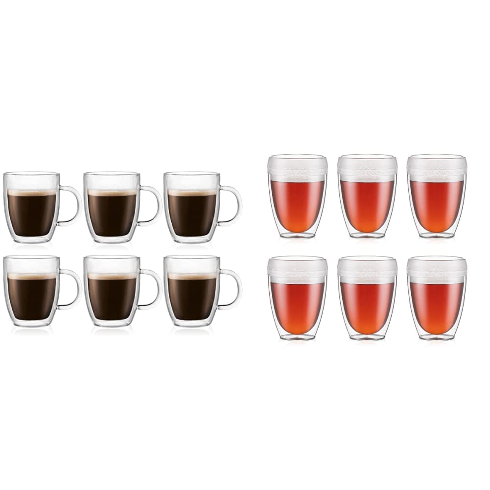 Bodum Bistro 10oz Clear Coffee Mug Set (6-Pack) & Pavina 12oz Shatterproof Double Wall Plastic Tumbler (6-Pack) - Perfect for Home, Office, Camping and Outdoor Activities