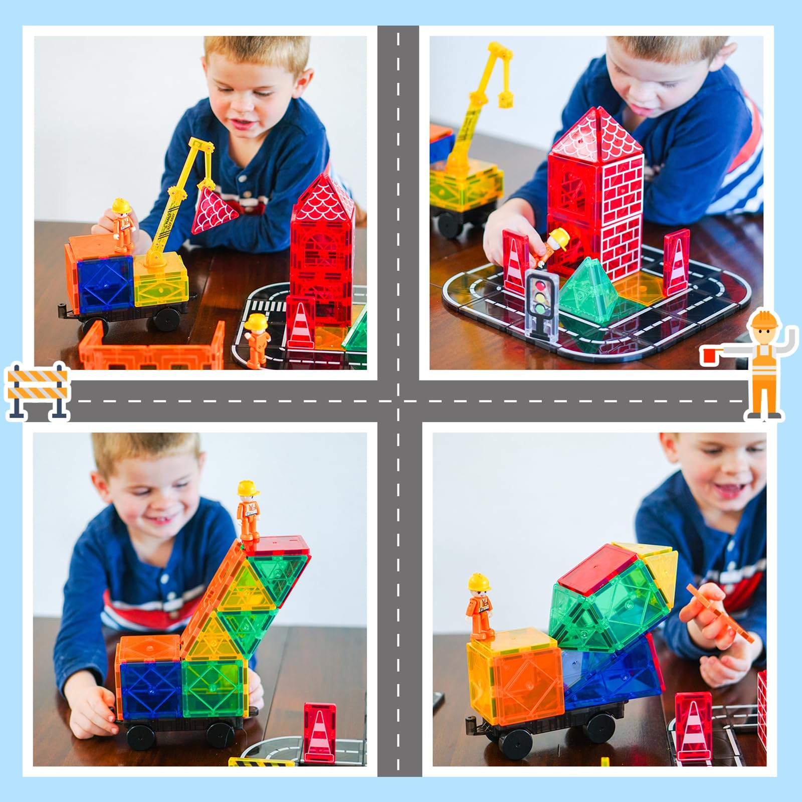 Magnetic Building Blocks Set with Road Tiles & Crane Car - STEM Construction Toys for Kids Ages 3-8, Creative Educational Toys for Toddlers - Perfect Gift for 3+ Year Old Boys & Girls - Great for Classroom, Playroom & Birthday Parties