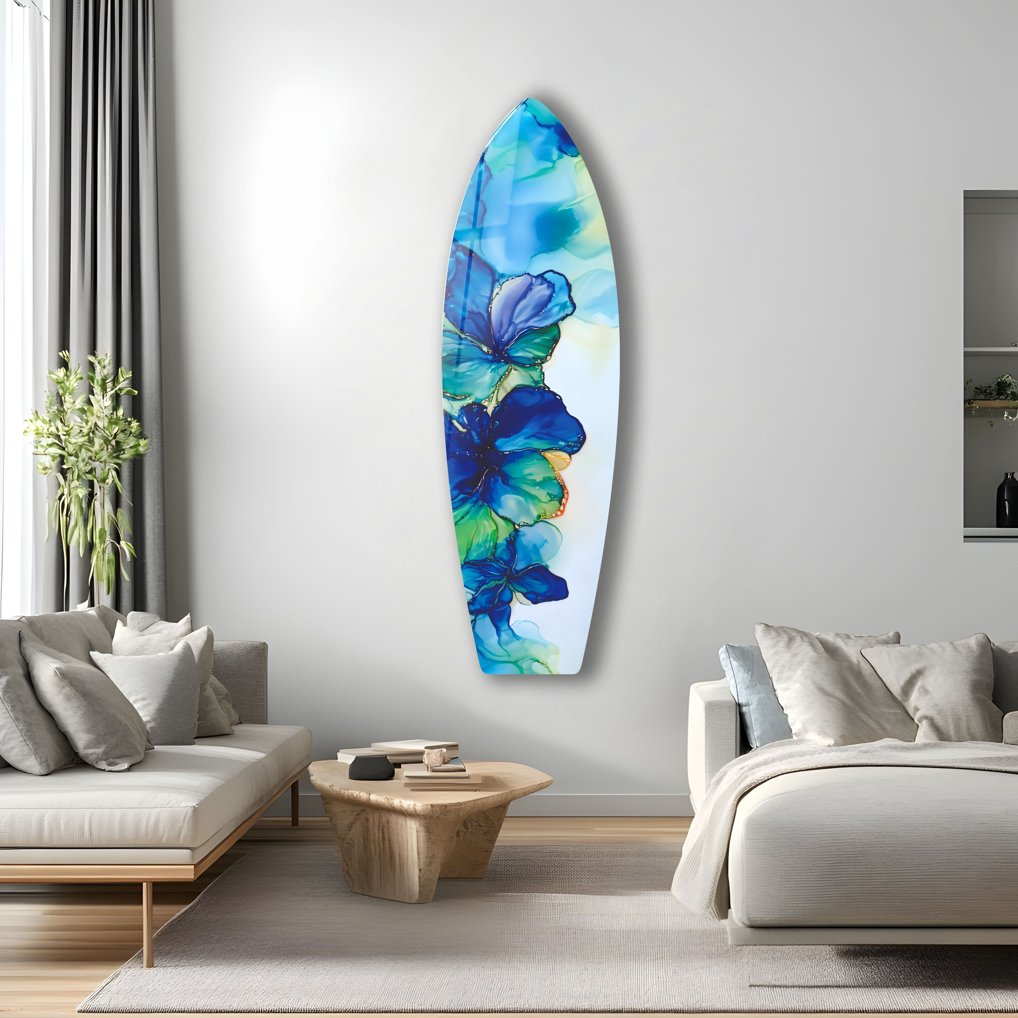 Blue Alcohol Ink Flower Surfboard Wall Art - Handmade Coastal Decor for Beach House, Living Room & Bedroom - Unique Ocean Themed Painting for Home & Office