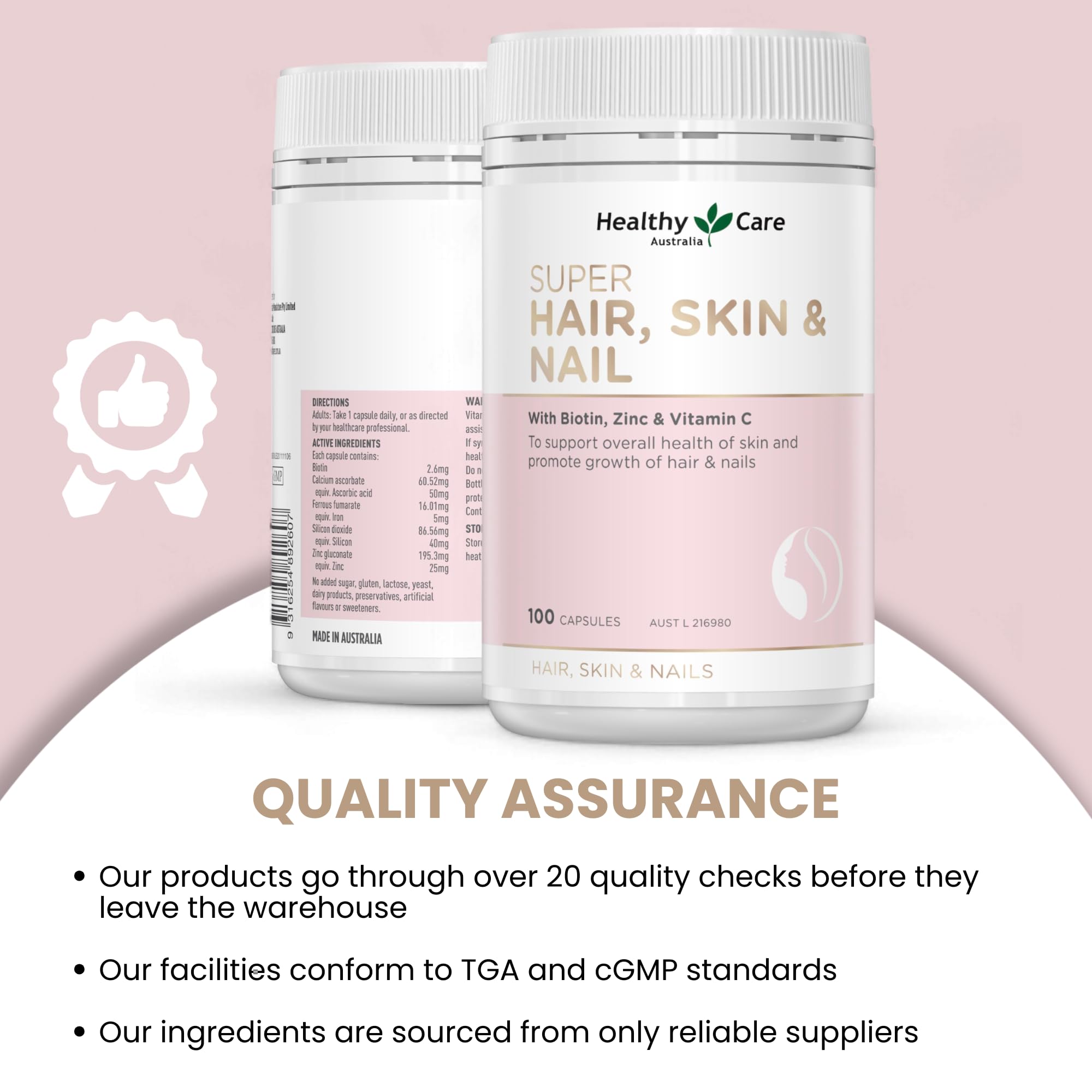 Healthy Care Super Hair Skin & Nails Supplement - 100 Capsules for Stronger Hair, Glowing Skin & Healthy Nails | Beauty & Wellness Support for Women & Men