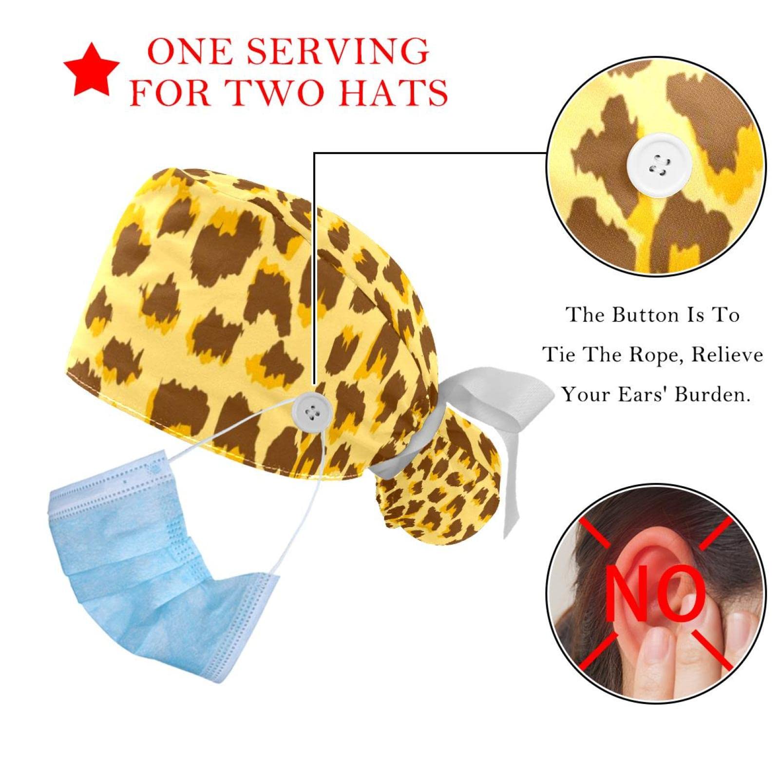 Leopard Print Blue Scrub Hats for Women & Men - 2 Pack Long Hair Surgical Caps with Button & Sweatband - Unisex Tie Back Medical Hats for Nurses, Doctors & Healthcare Workers - Perfect for Hospitals, Clinics & Medical Work Environments
