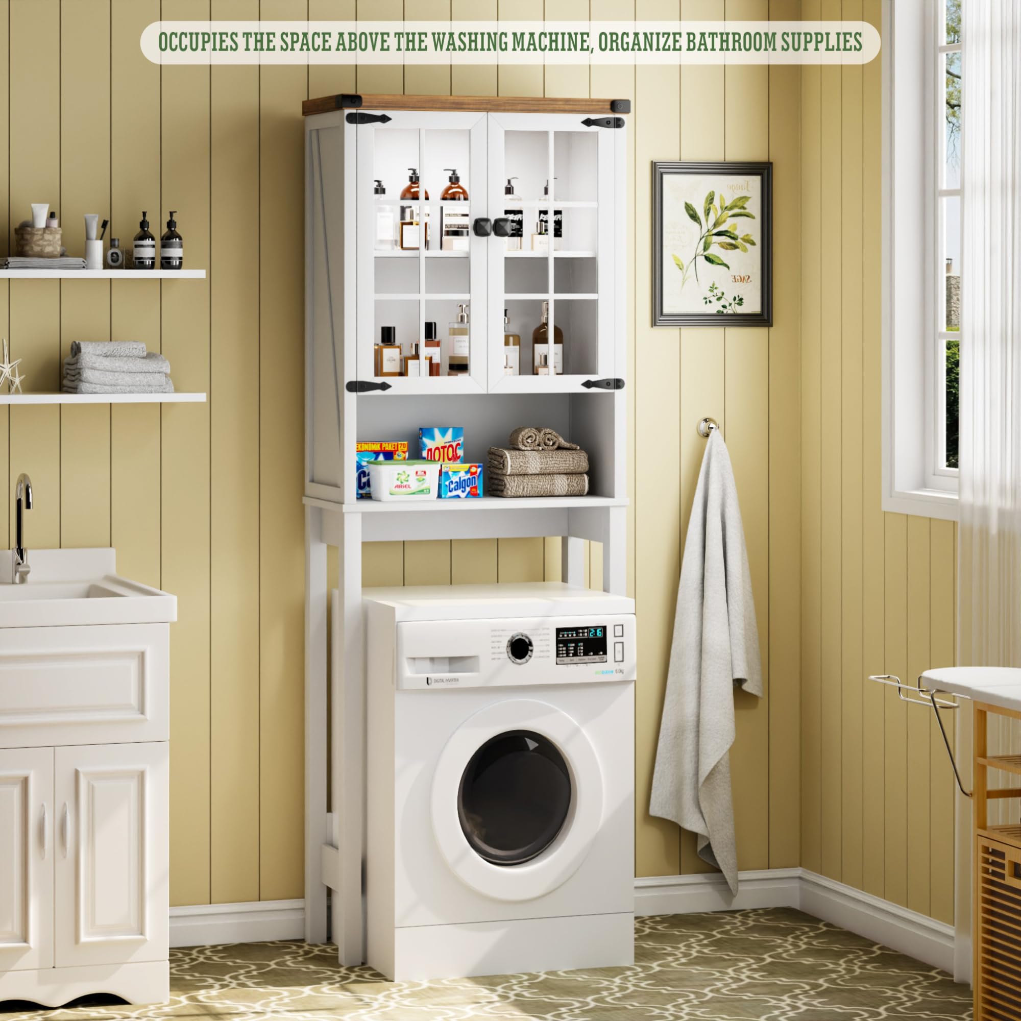 Farmhouse Over The Toilet Storage Cabinet with Shelves & Doors - White Free-Standing Bathroom Organizer with Anti-Tip Design & Ceiling Light - Perfect for Small Bathrooms, Apartments, and Space-Saving Storage Solutions