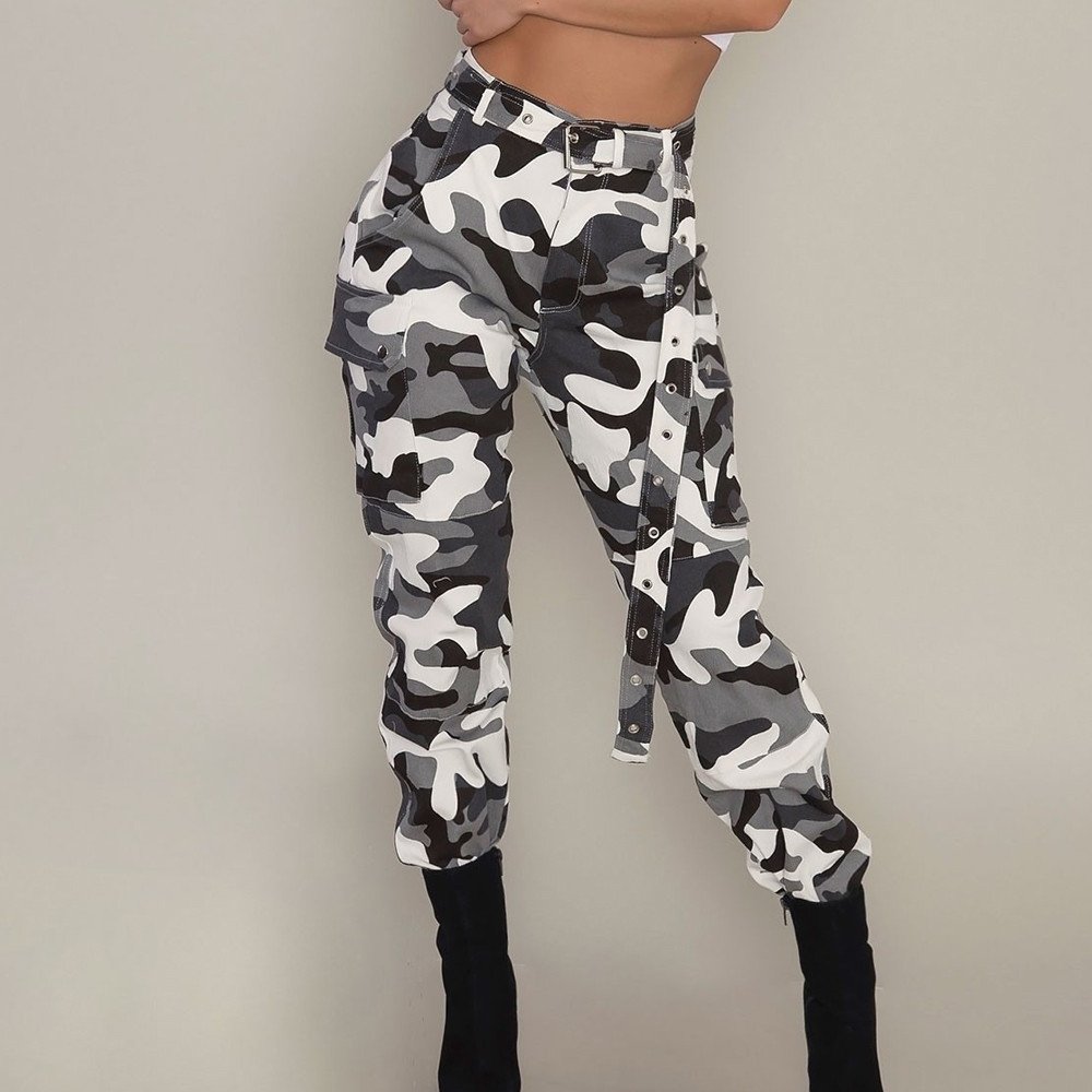 Women's Camo Cargo Pants - Military Combat Casual Trousers with Pockets (White, Size S) | Outdoor Hiking, Camping & Streetwear Fashion