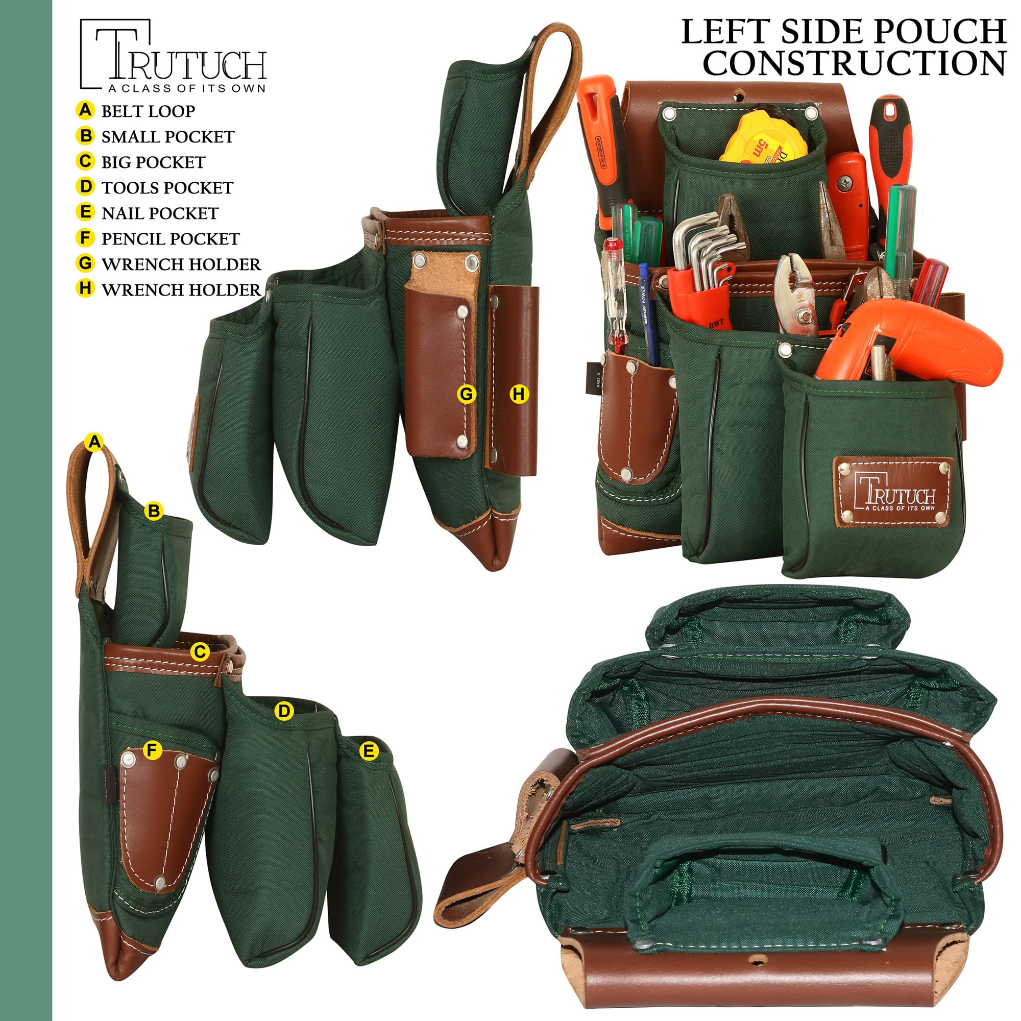 Durable Nylon & Leather Tool Belt for Carpenters, Electricians & Construction Workers - Heavy Duty Framing Tool Bag with Pouch - Perfect for Job Sites & DIY Projects (Green)
