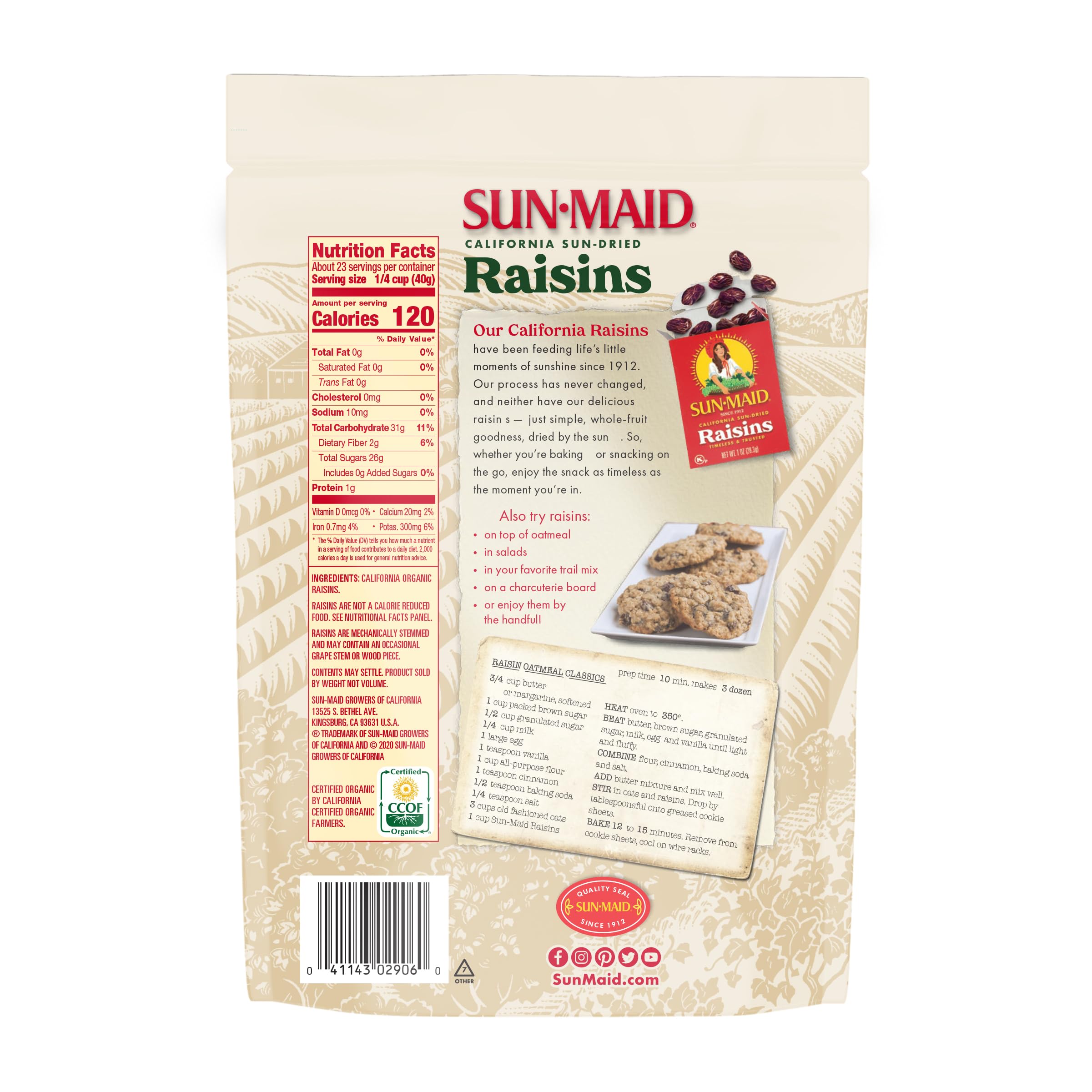 Organic Sun-Dried California Raisins - 32oz Resealable Bag | Non-GMO, No Sugar Added | Healthy Snack for Kids, Baking & Natural Sweetener | Perfect for Lunch Boxes, Trail Mix & Yogurt Toppings