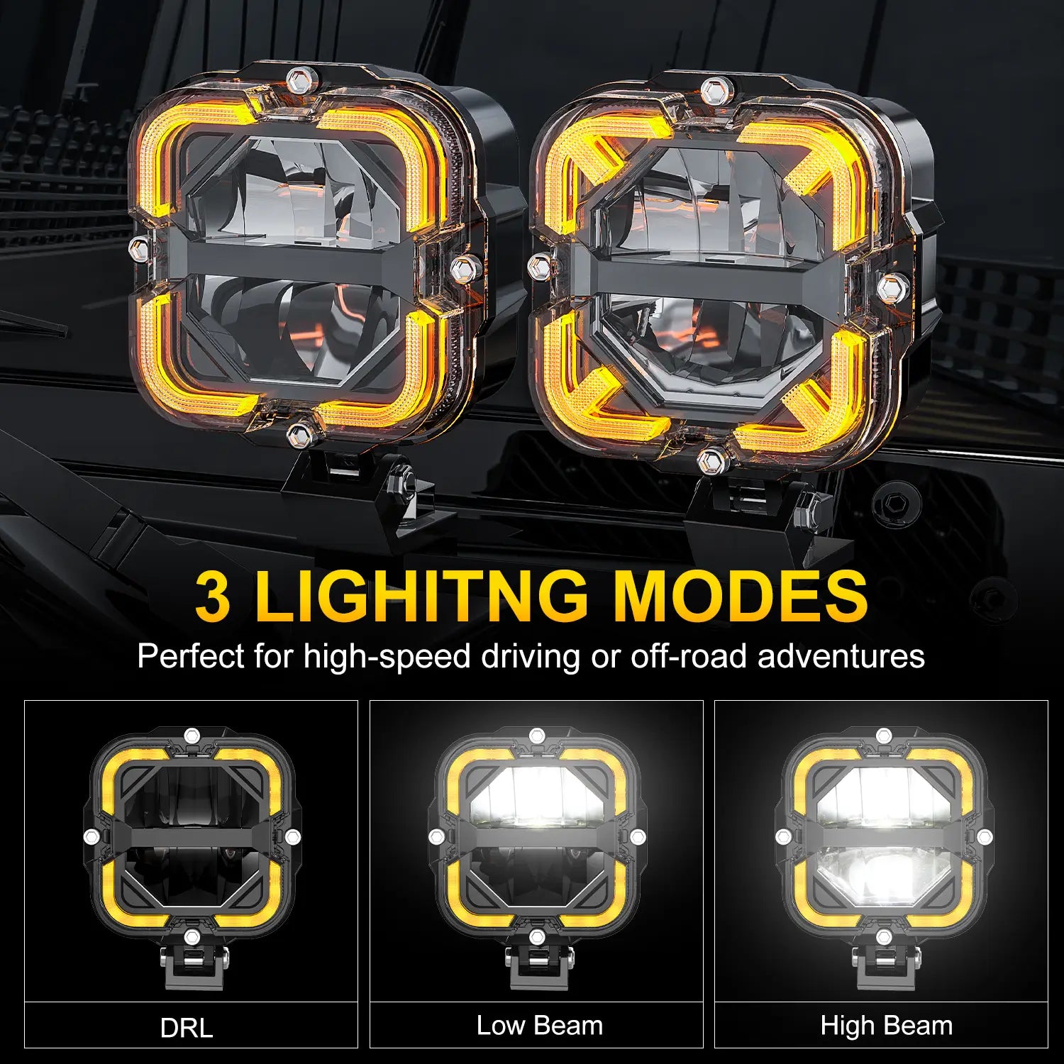LOYO 90W 4 Inch LED Pods - APEX Series Off Road Driving Light with High/Low Beam & Amber DRL | Waterproof LED Light Bar for Trucks, Jeeps, ATVs, UTVs | Perfect for Night Off-Roading, Camping & Emergency Lighting