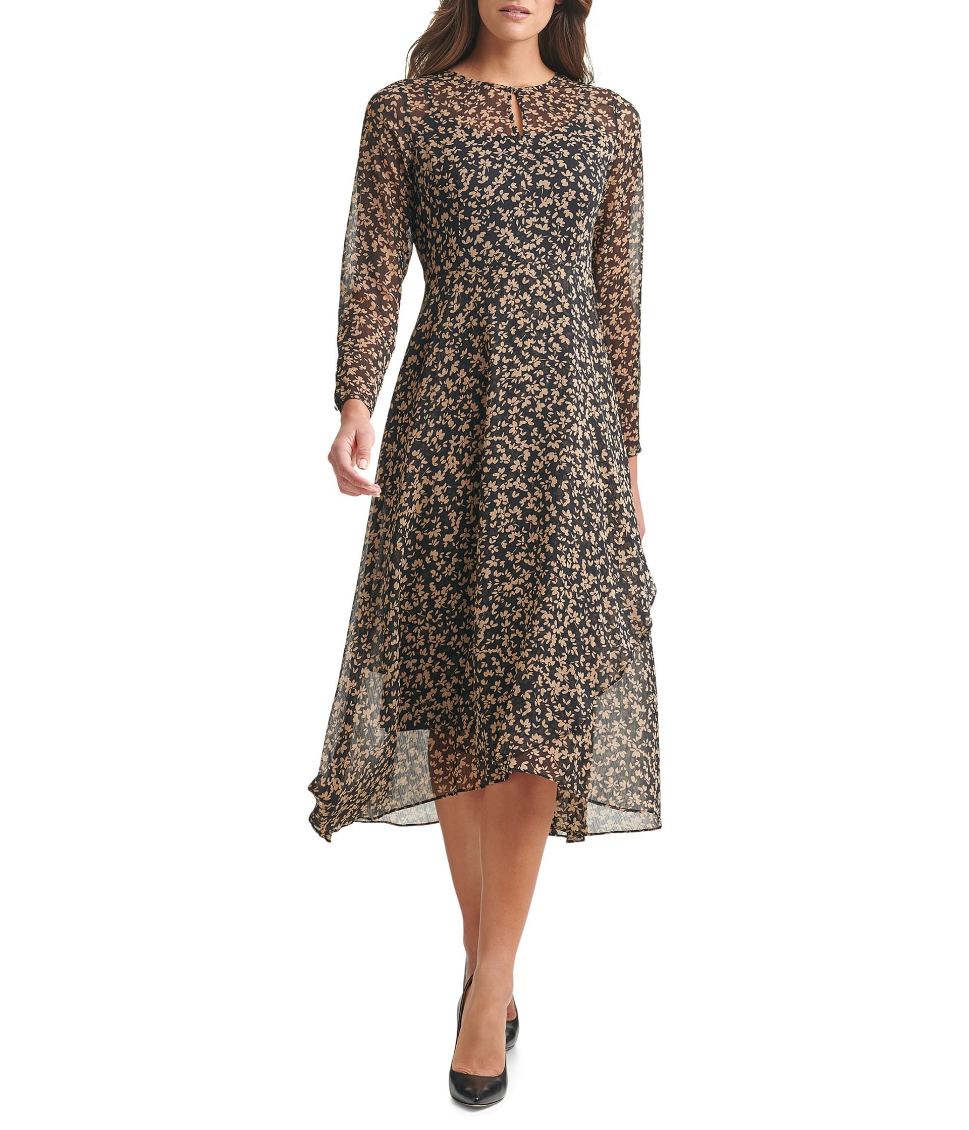 Tommy Hilfiger Women's Elegant Chiffon Long Sleeve Midi Dress - Black/Tannin, Size 14 | Perfect for Office Wear, Cocktail Parties & Special Occasions