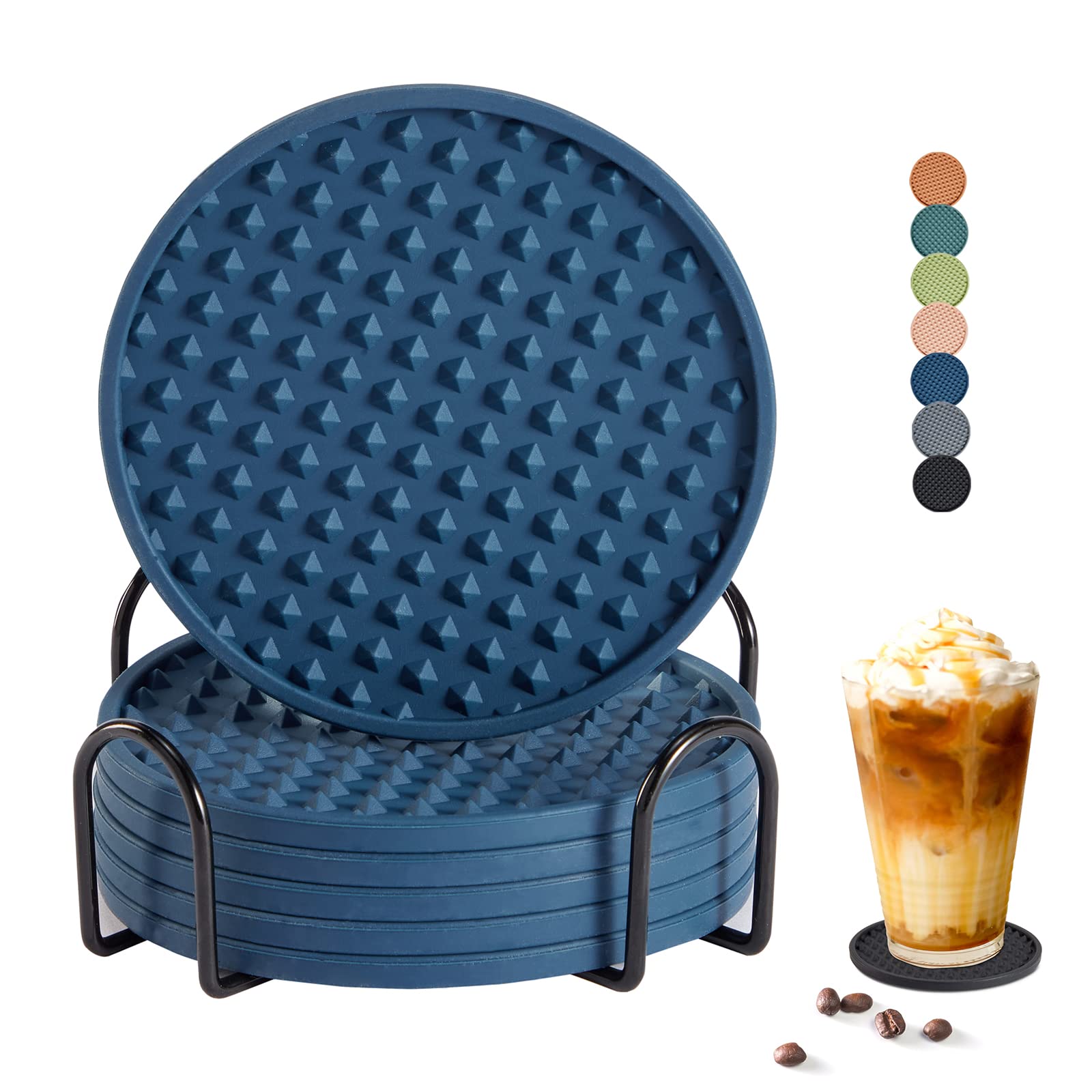 Premium Silicone Drink Coasters Set of 6 with Holder - Non-Slip Table Protectors for Wood, Stone & Glass Tables - Dishwasher Safe, Fits All Glass Sizes (Blue) - Perfect for Home, Office & Restaurant Use