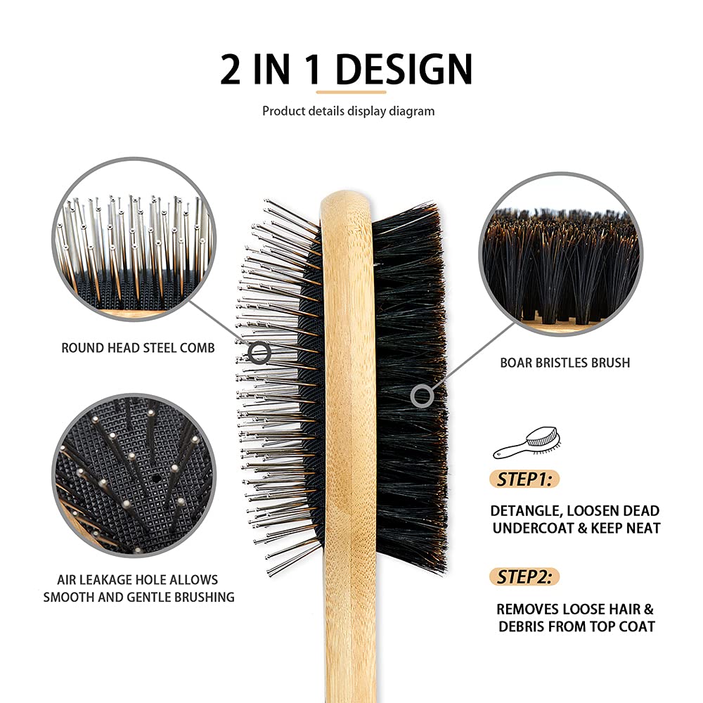 Double Sided Dog & Cat Grooming Brush - Boar Bristle & Pin Pet Brush for Shedding Control - Bamboo Handle for Long & Short Hair - 2 Pack Black & White Combs - Perfect for Daily Pet Grooming at Home