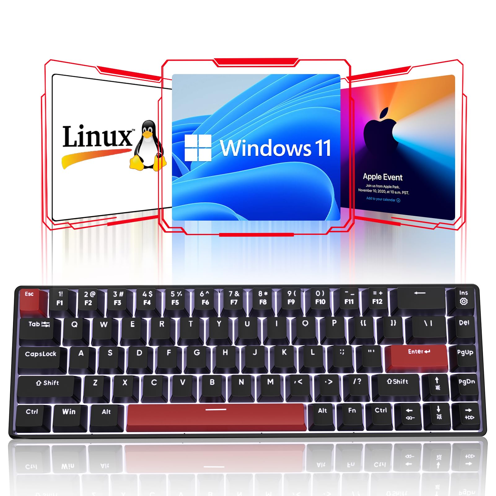 FFJ 60% Compact Mechanical Gaming Keyboard - 68 Keys with Linear Red Switches, Anti-Ghosting, White LED Backlight - Wired USB for Windows PC, Mac, Laptop Gamers (Black) | Perfect for Esports, Office Work & Small Desk Spaces