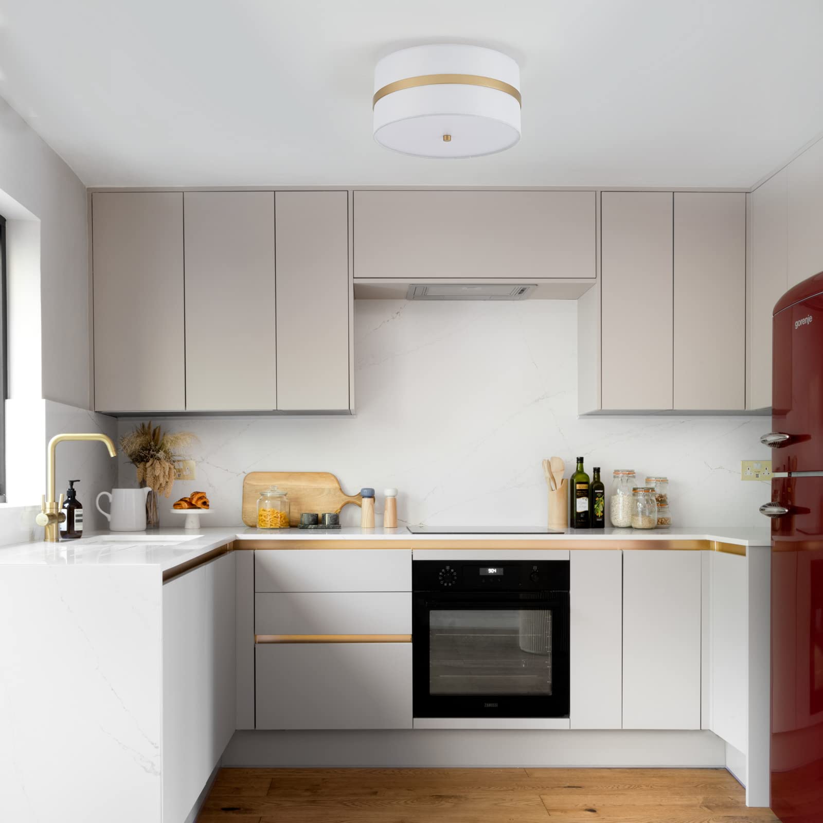 Modern Semi Flush Mount Ceiling Light Fixture - 3-Light Thin Pale Gold Brushed Finish with Cream White Fabric Drum Shade | Perfect for Nursery, Kids Room, Bedroom, Kitchen, Hallway & Entryway Lighting