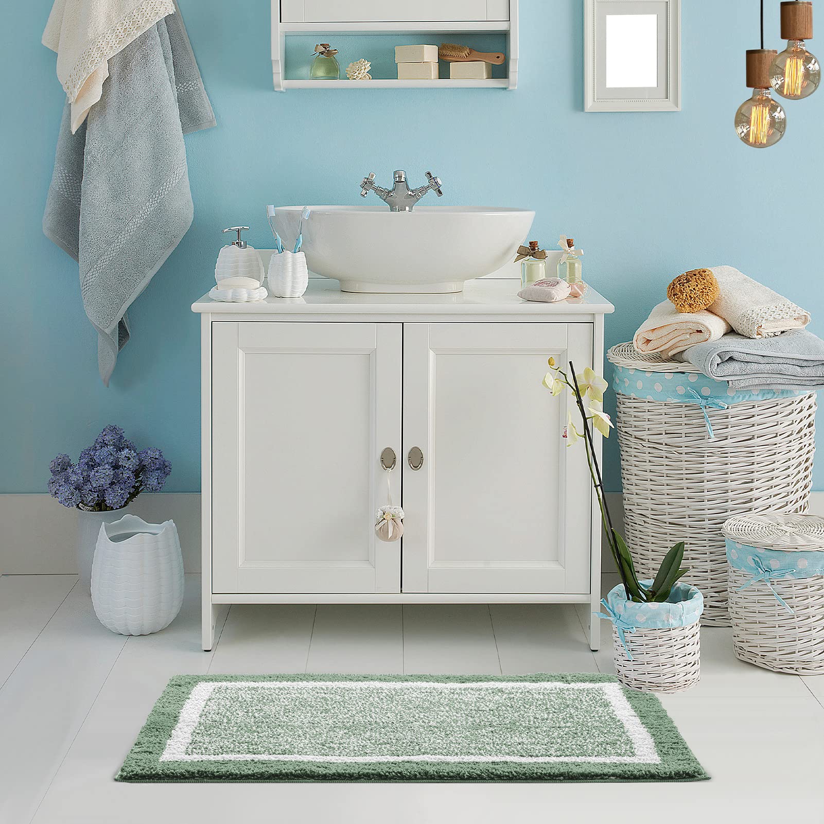 Non-Slip Fluffy Shaggy Bath Mat - Ultra Soft Absorbent Microfiber Bathroom Rug for Shower, Sink & Kitchen - Washable Sage Green Bath Mat 16
