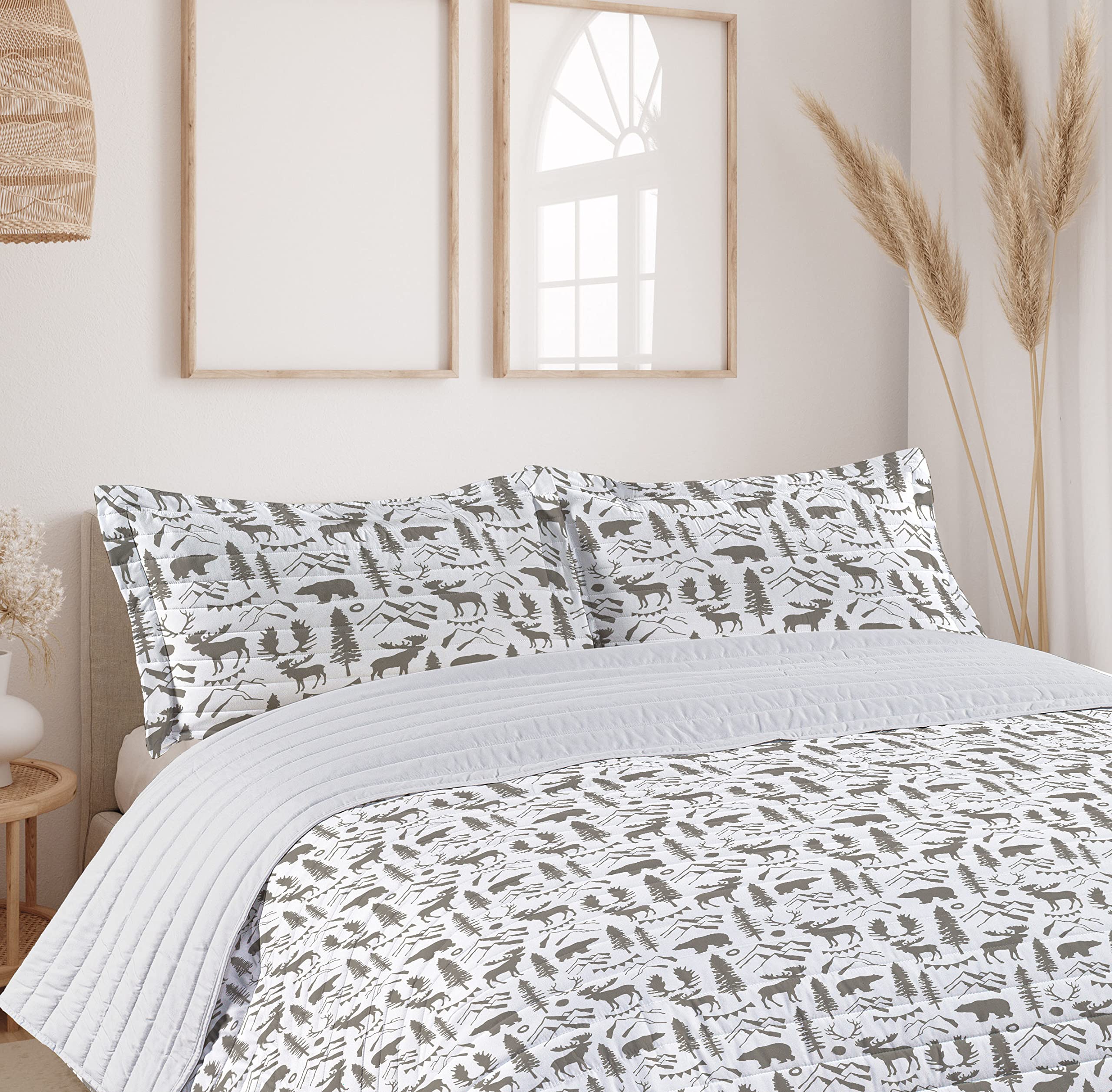 Ambesonne Northwoods King Size Microfiber Bedspread Set - Wildlife Nature Theme with Bear, Moose, Trees & Mountains - Soft Taupe & White Bedding Includes Comforter & Pillow Shams | Perfect for Rustic Cabins, Lodge Decor & Nature-Inspired Bedrooms