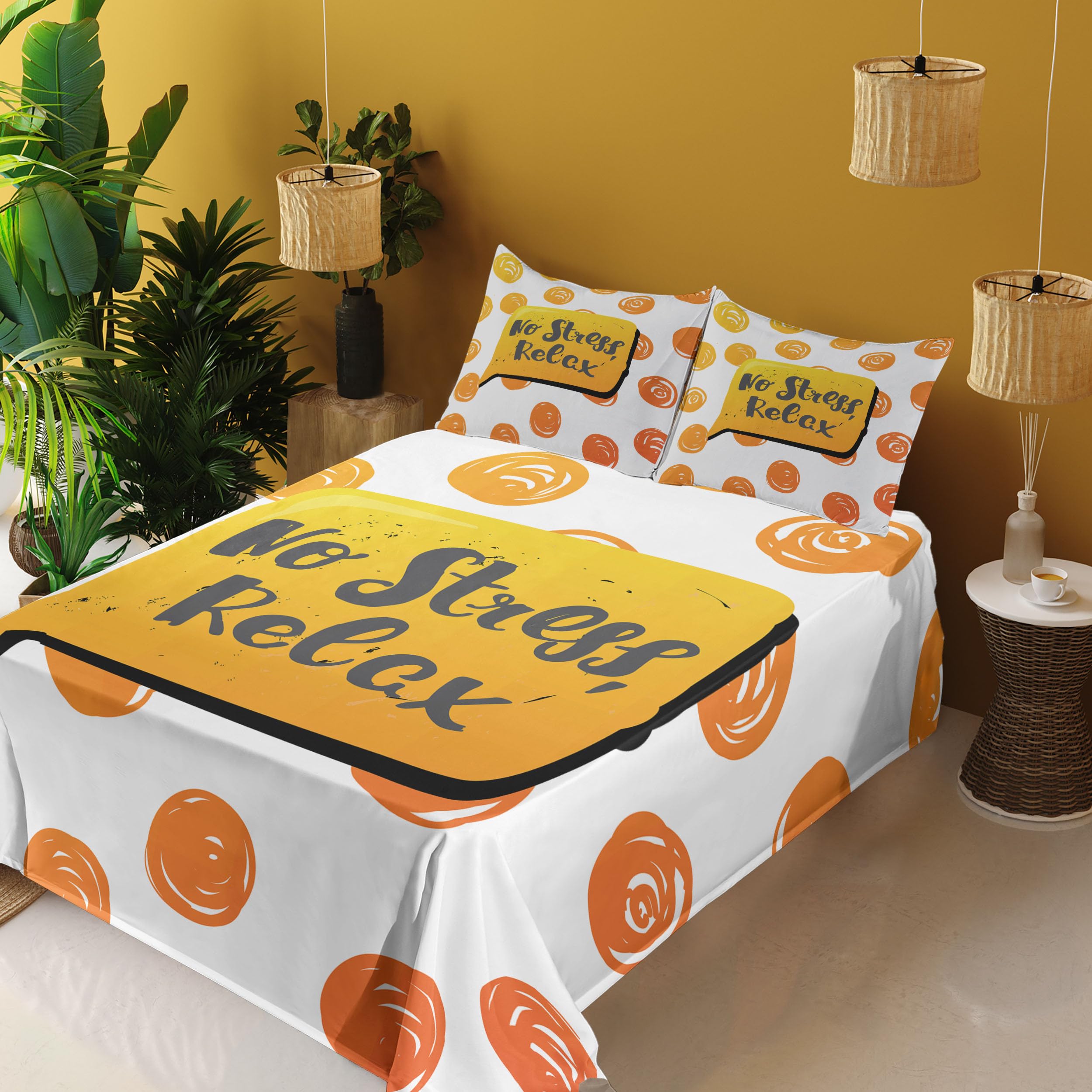 Ambesonne No Stress Relax Phrase Bed Sheet Set - 4 Piece King Size with Fitted Sheet, Flat Sheet & Pillowcases - Vibrant Earth Yellow Orange Speech Bubble Design - Perfect for Stress Relief, Home Decor & Cozy Bedroom Retreat