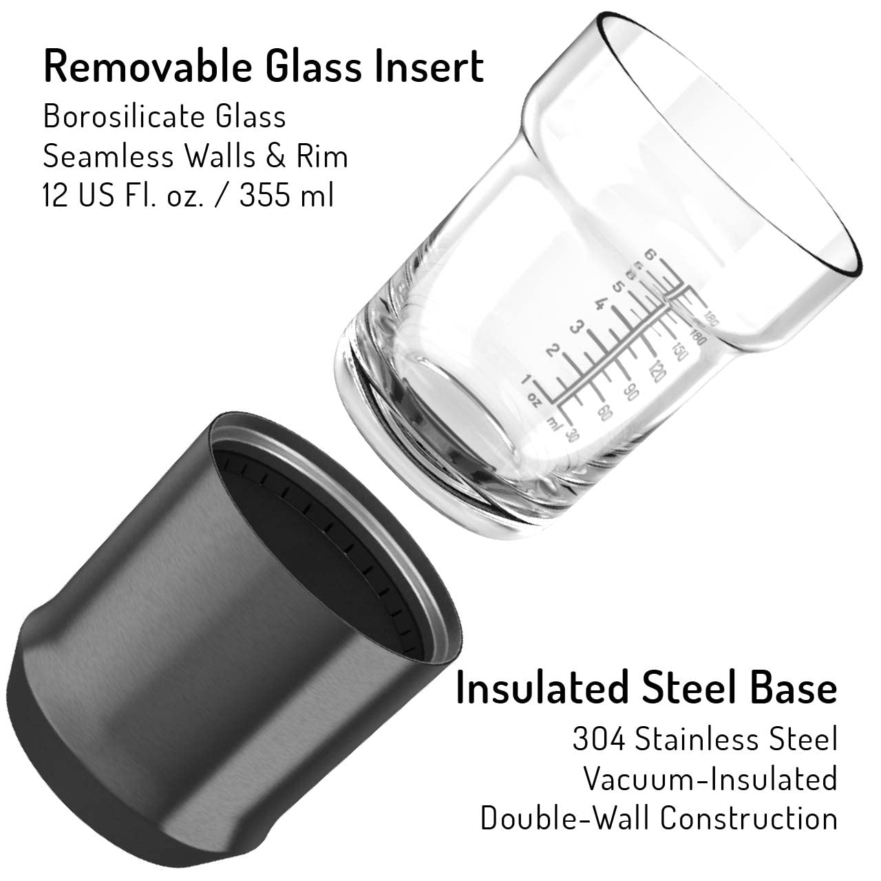 Premium Vacuum Insulated Hybrid Cocktail Shaker Set with Steel Base & Removable Glass Insert - Innovative Measuring System for Home Bars - Perfect for Mixing Martinis, Margaritas & Craft Cocktails at Parties or Professional Bartending