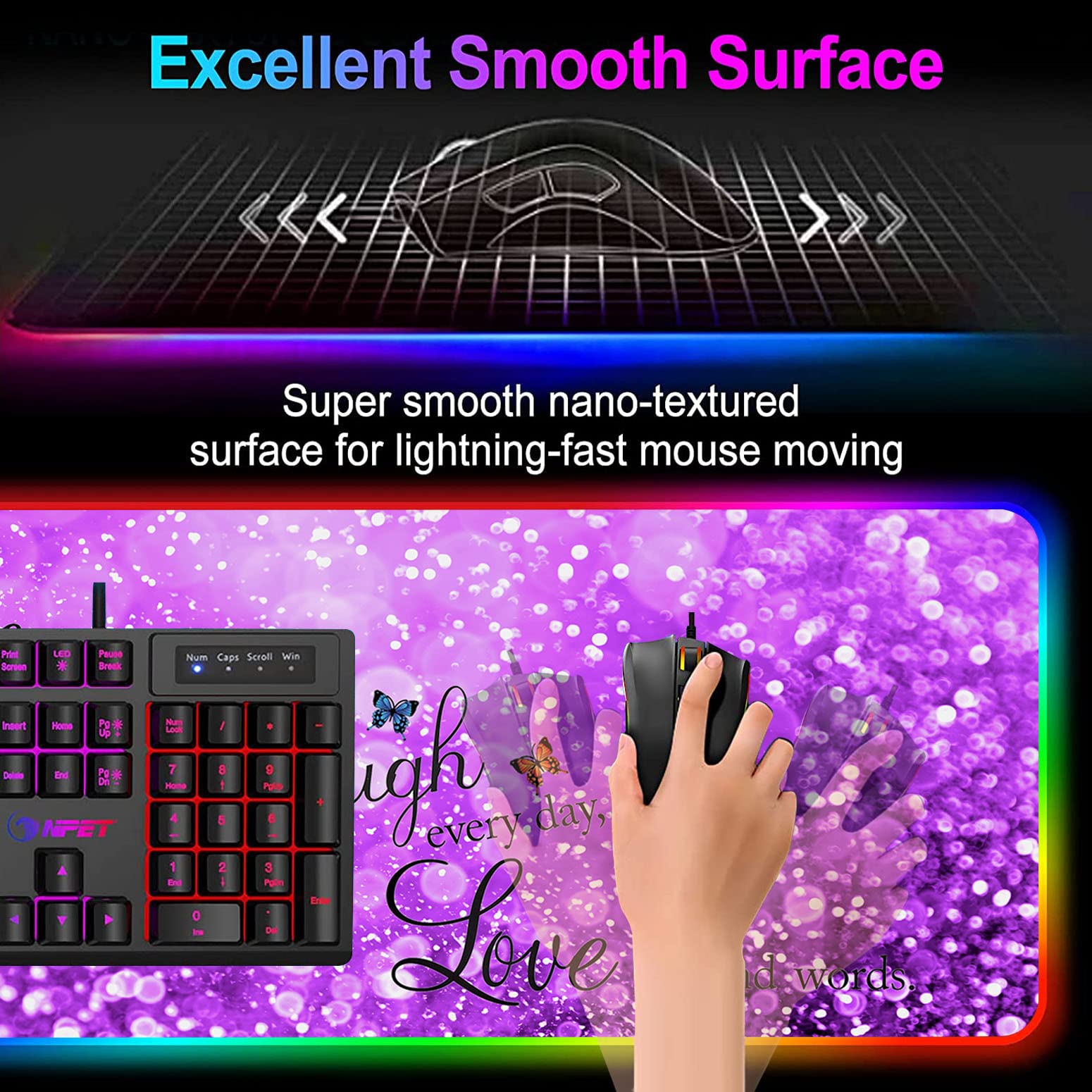 RGB Gaming Mouse Pad - Large LED Light-Up Desk Mat with Non-Slip Base | Perfect for PC Gaming, Office Work & Streaming Setup | Purple Glowing Mousepad for Gamers & Professionals