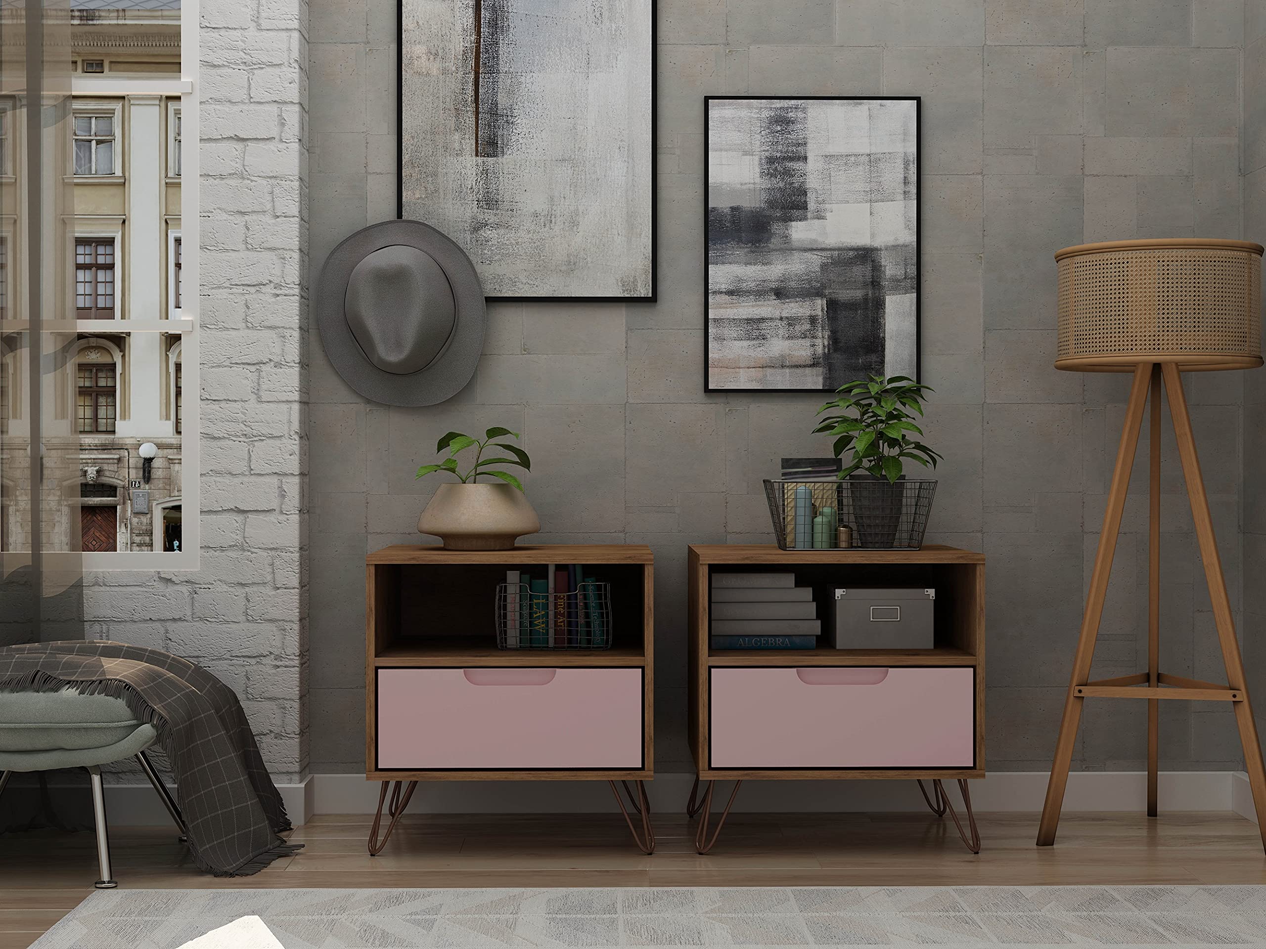 Mid Century Modern Nightstands Set of 2 with Drawer & Cubby - Pink Bedside Tables for Bedroom & Living Room | Functional Storage Organizer for Books, Lamps & Bedroom Essentials