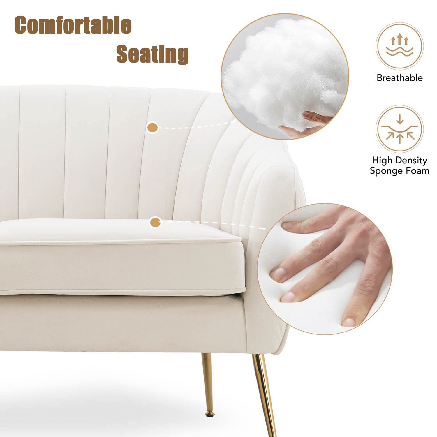 Velvet Loveseat Sofa for Two - Modern Small Space Couch with Golden Finish, Beige Upholstery | Perfect for Living Rooms, Bedrooms & Apartments | Cozy Seating for Couples & Small Spaces