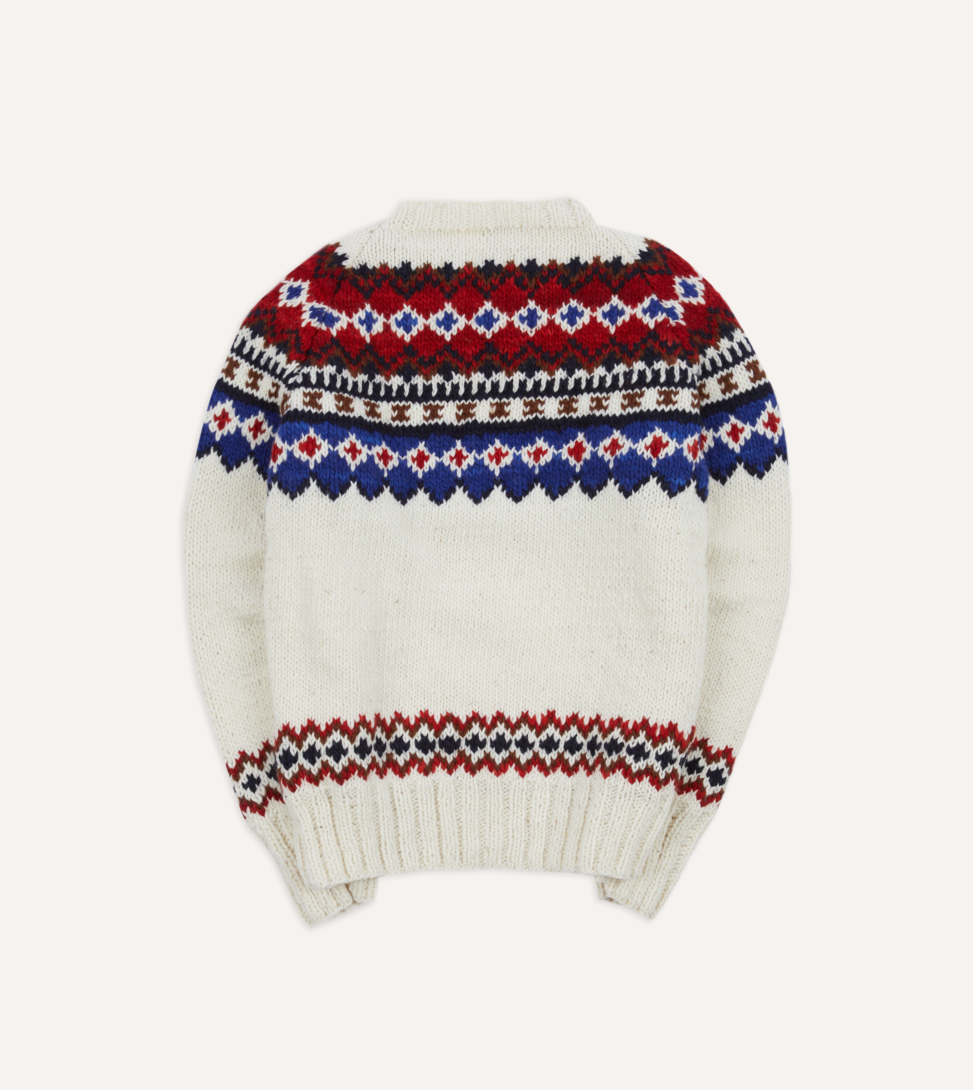 Drake's Ecru and Red Fairisle Merino Wool Jumper - Warm Winter Knit Sweater for Men - Perfect for Christmas Gifts & Cozy Holiday Outfits