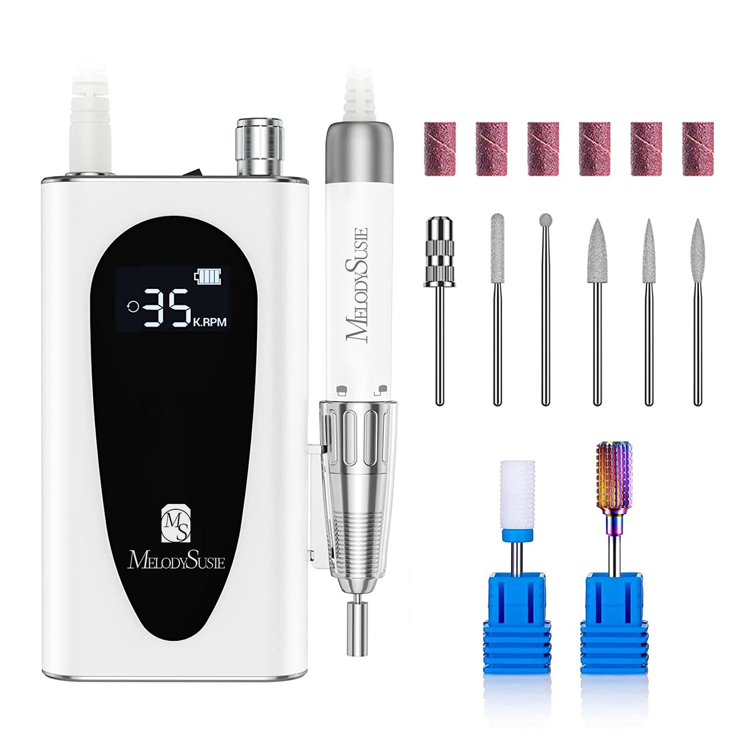 MelodySusie MM400C Professional Cordless Nail Drill - 35000 RPM Rechargeable Electric Nail File for Acrylic & Gel Nails with 8 Drill Bits | Low Noise & Heat | Portable Manicure Tool | Perfect for Salon & Home Nail Care | Sparkle Plus White