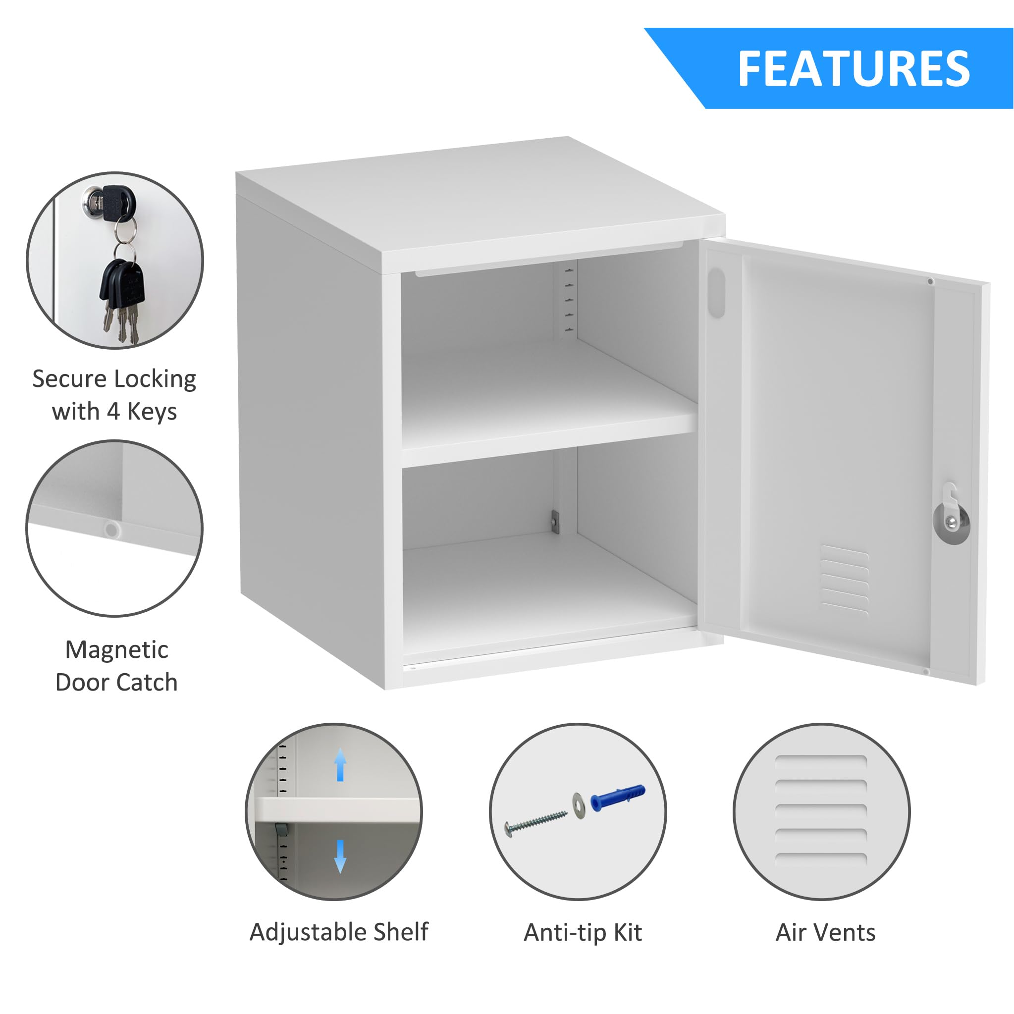 Metal Storage Locker Cabinet with Locking Door & Adjustable Shelf - Secure Organizer for Home, Office, Classroom & Workshop (White) - Perfect for Storing Supplies, Tools & Personal Items