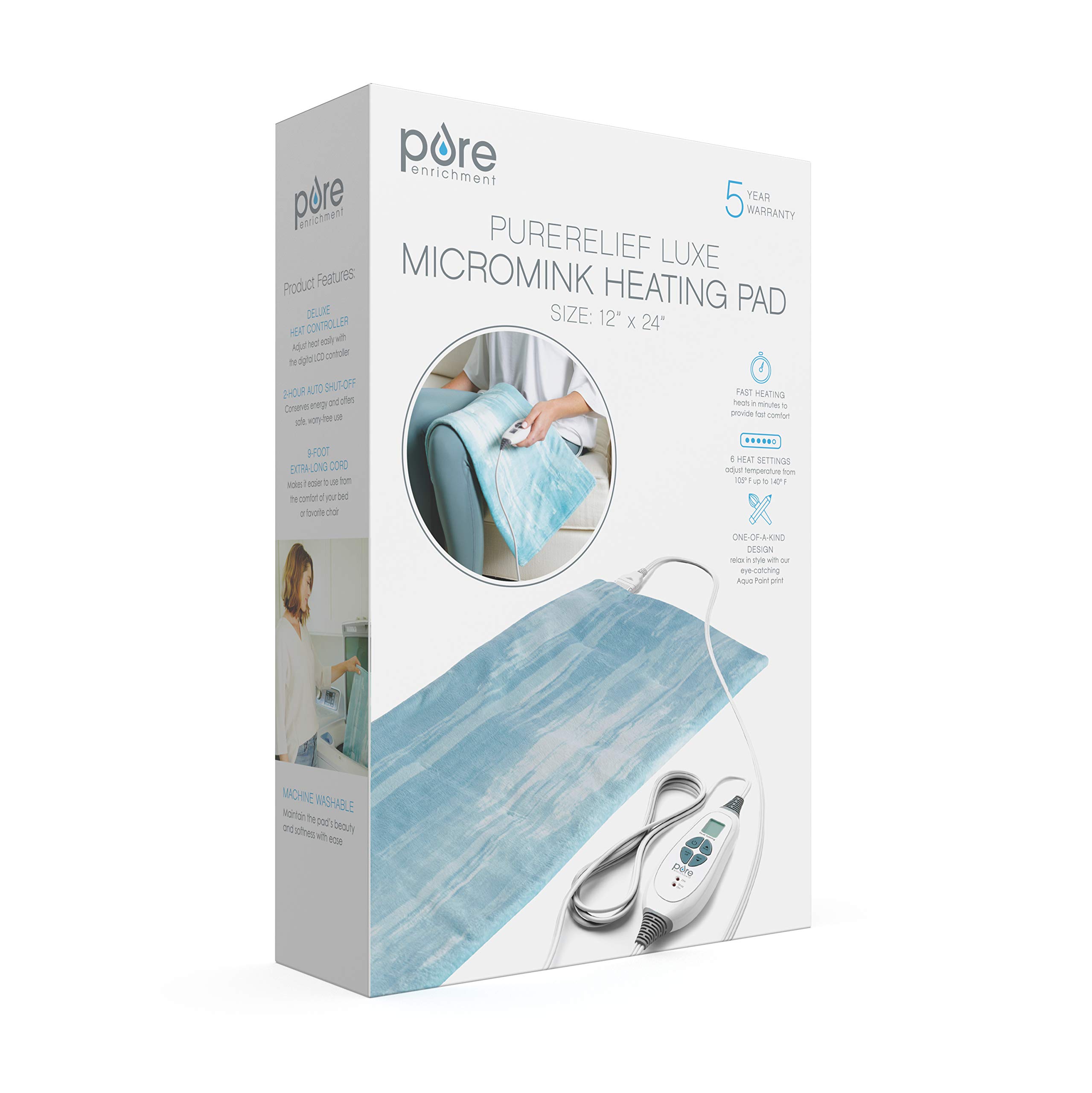 Pure Enrichment PureRelief Luxe Micromink Electric Heating Pad (12”x24”) - 6 Heat Settings, Ultra-Soft & Machine Washable, Auto Shut-Off for Back Pain, Muscle Soreness & Cramps - Perfect for Home, Office & Travel Use (Aqua Paint Designer Print)