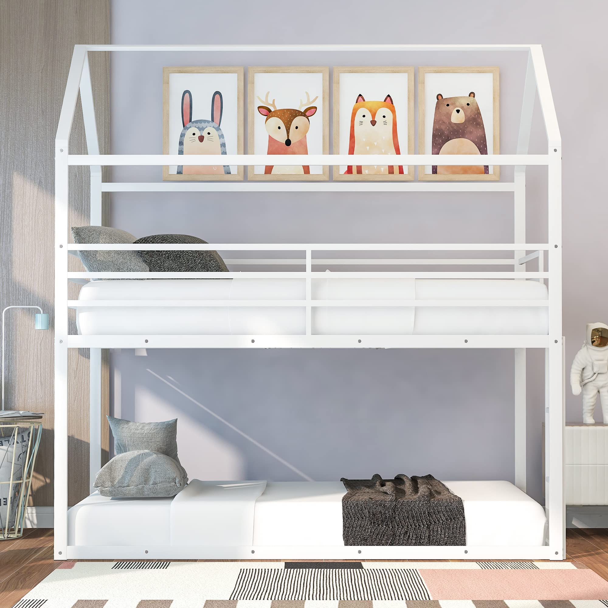 Rhomtree Twin Over Twin Bunk Bed with Built-in Ladder, Roof & Guardrails - Sturdy Metal House Bed for Kids, Teens, Boys & Girls (White) | Perfect for Small Bedrooms, Sleepovers & Space-Saving Kids' Rooms