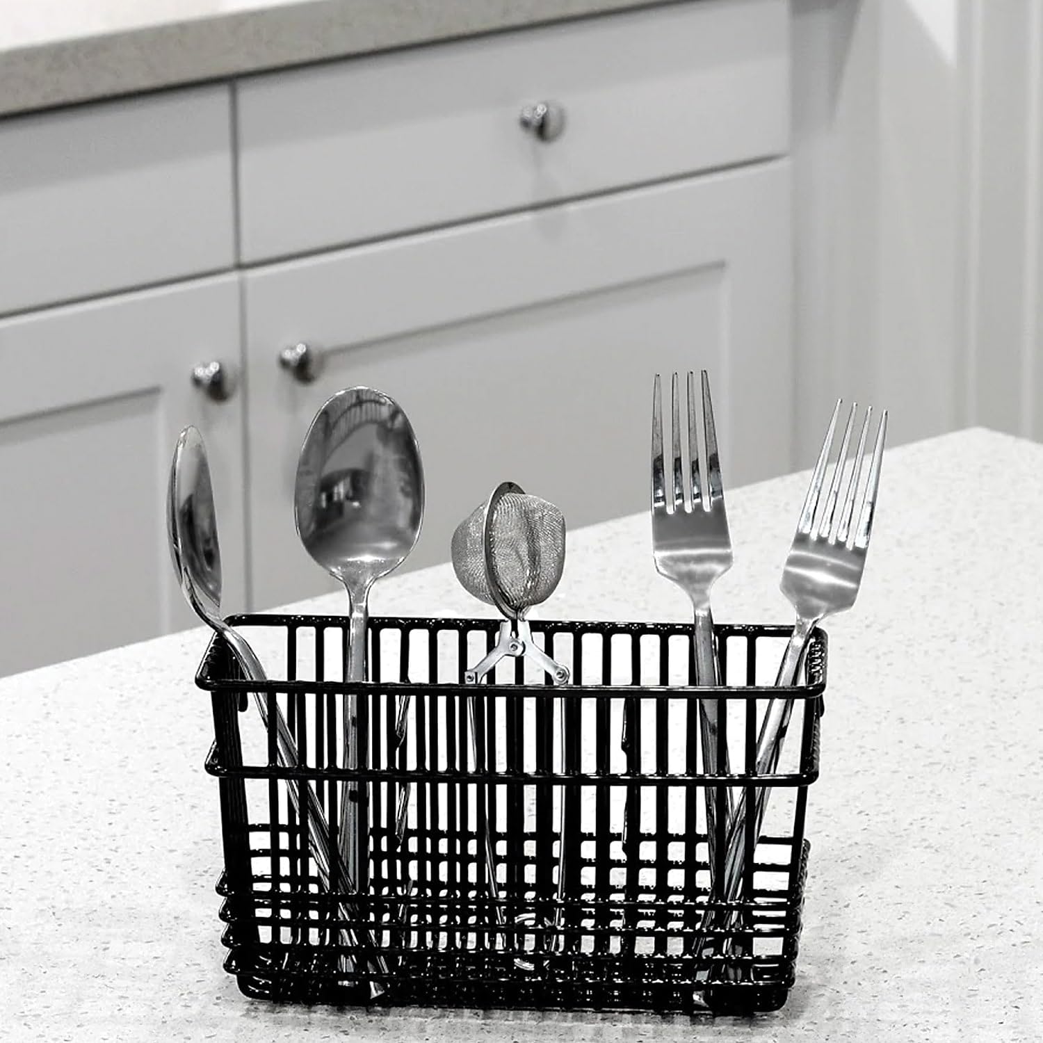 Better Houseware Cutlery Drying Basket with Hooks - Black Coated Steel Wire - 3 Compartments - Fits Most Dish Racks - Utensil Drying Rack for Sink - Perfect for Kitchen Organization and Drying Knives, Forks, Spoons After Washing