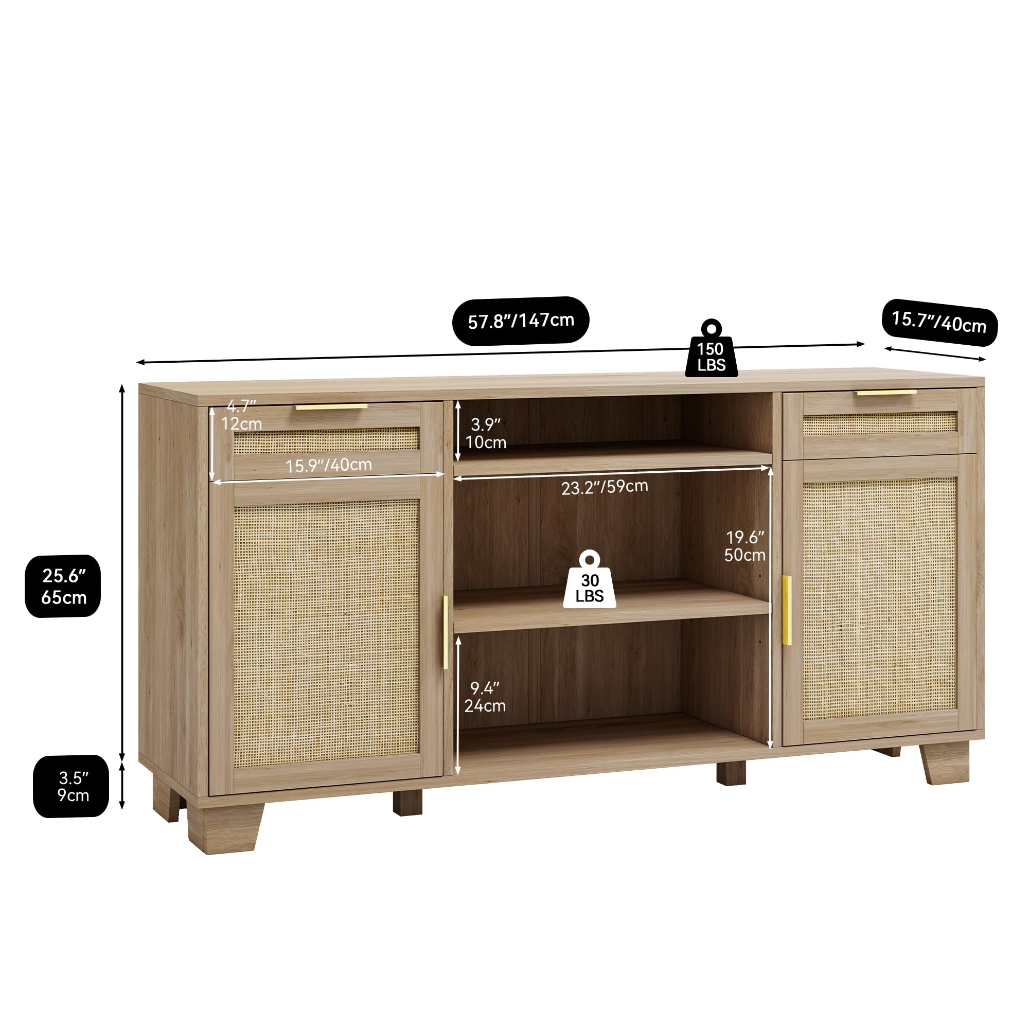 YITAHOME 65 Inch TV Stand with Storage, Boho Rattan Entertainment Center with Drawers & Adjustable Shelves - Natural Oak TV Media Console for Living Room, Bedroom & Home Theater