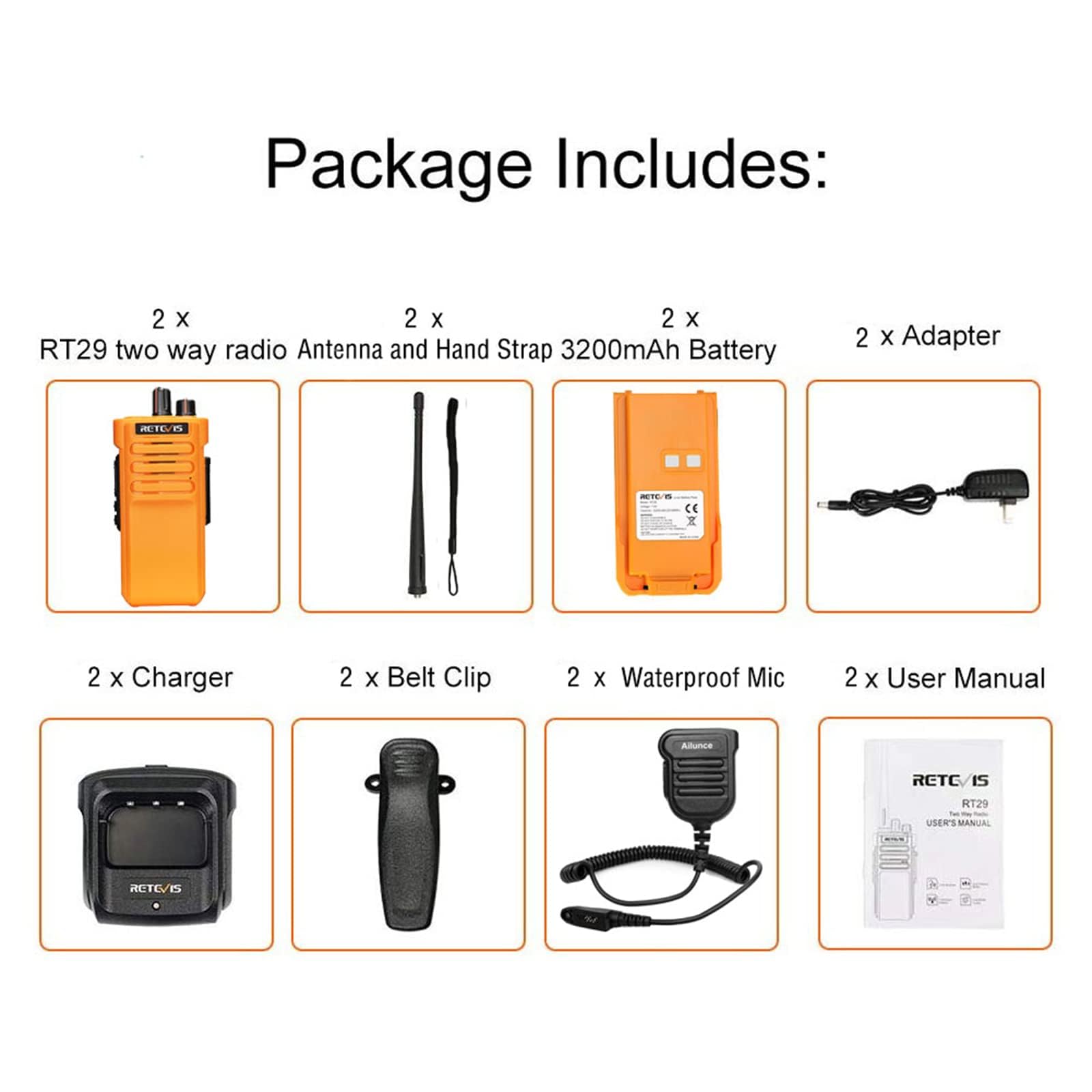 Retevis RT29 Long Range Walkie Talkies for Adults - Rugged 2 Way Radios with IP67 Waterproof Mic, VOX & Emergency Alarm - Ideal for Outdoor Adventures, Hiking, Camping, Hunting & Off-Roading (Orange, 2 Pack)