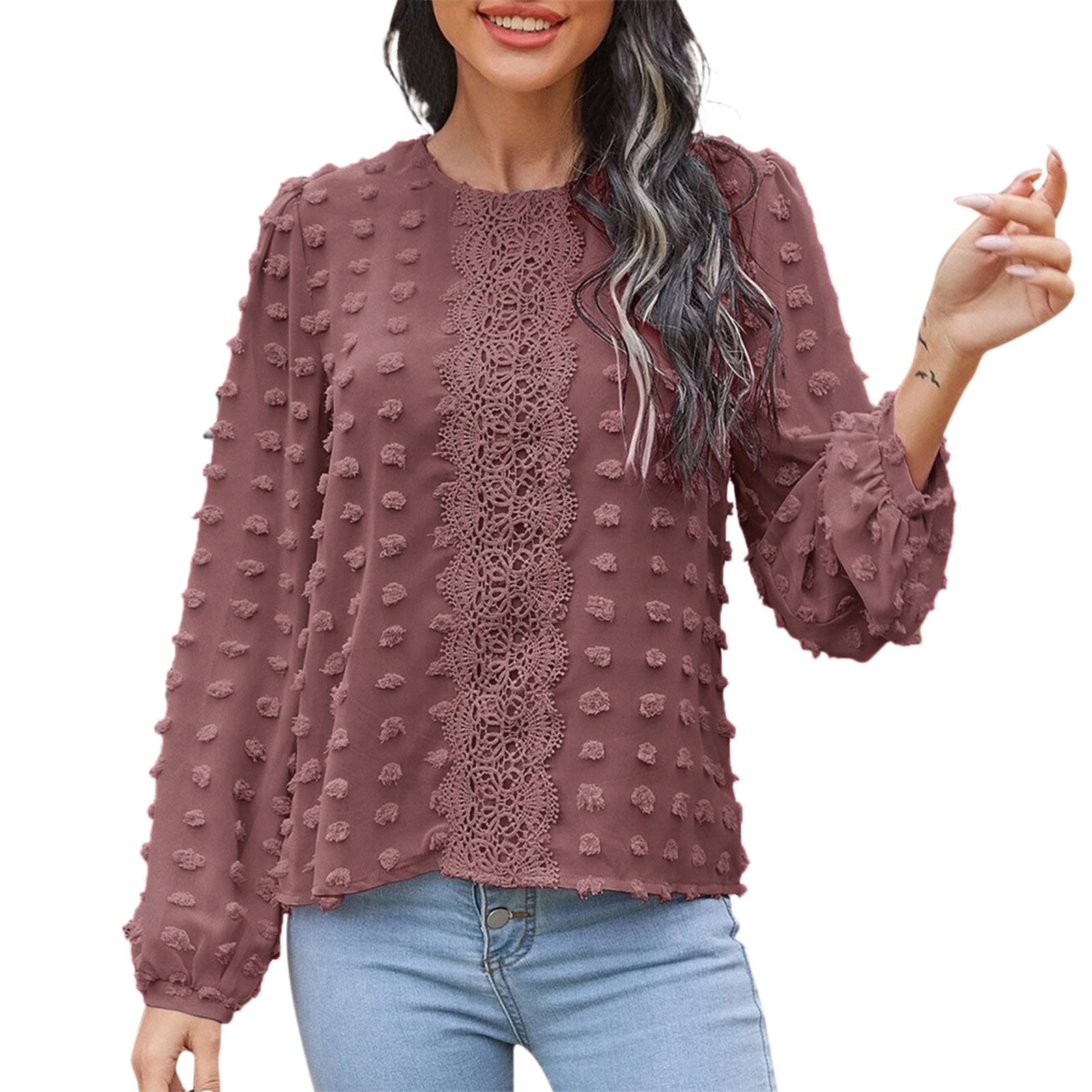 Women's Long Sleeve Button Down Blouse - Crew Neck Casual Shirt with Roll-Up See Through Sleeves | Perfect for Office Wear, Date Night & Everyday Outfits