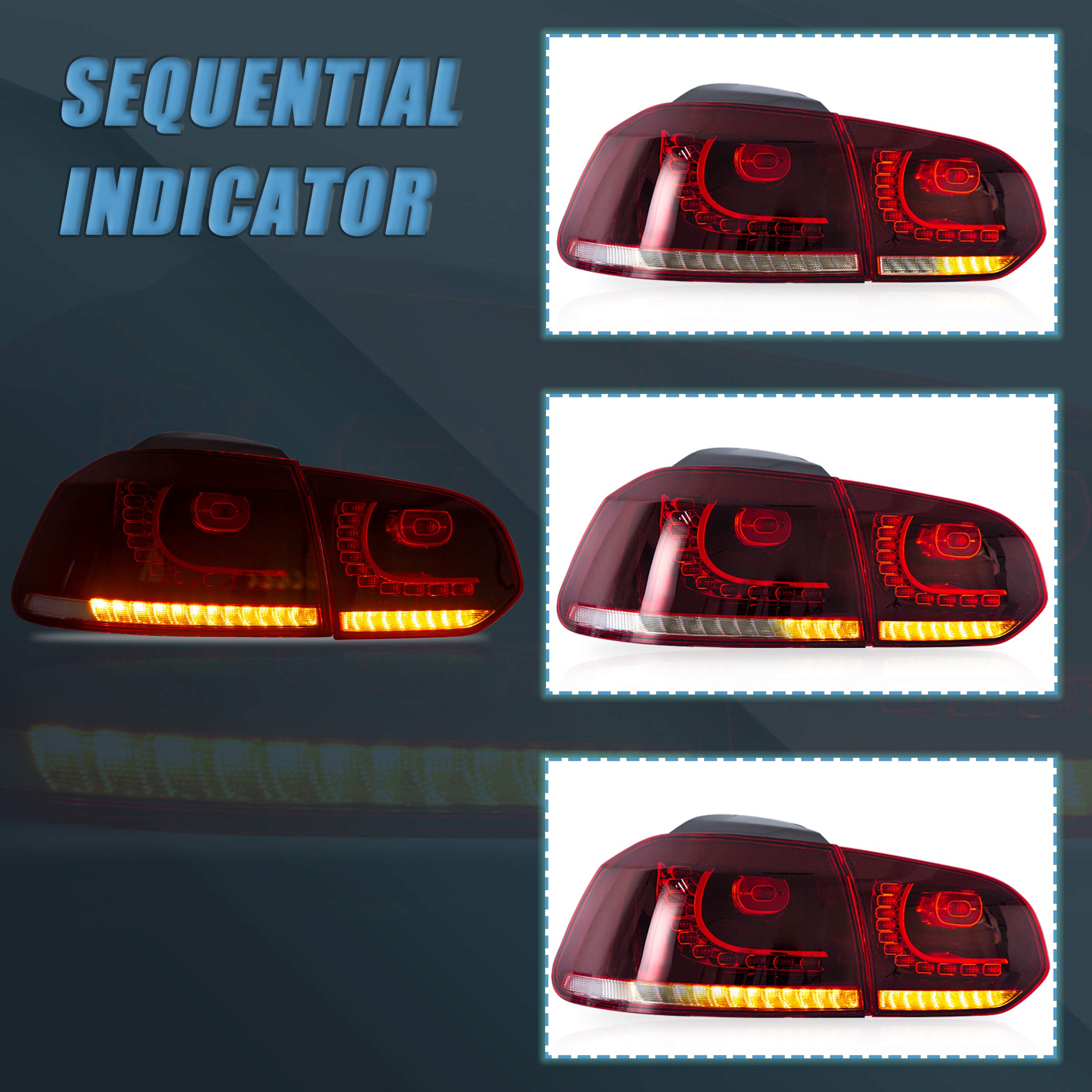 VLAND LED Tail Lights for 2010-2014 Volkswagen Golf 6th Generation - Red & White Sequential Turn Signals | Premium Replacement for Enhanced Visibility & Style | Perfect for Night Driving & Car Customization
