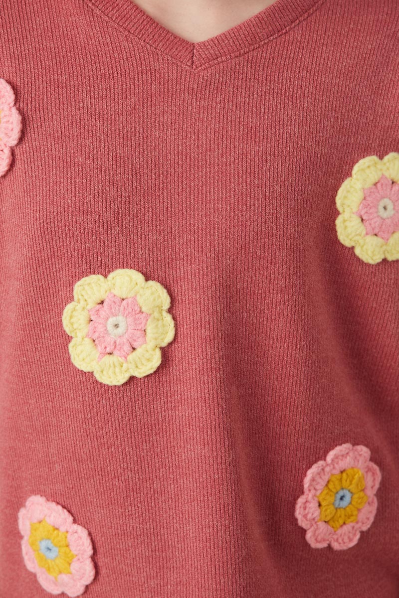 Handmade Crochet Floral Detail Brushed Ribbed Knit Top for Women - Boho Chic Summer Blouse, Perfect for Beach Vacations & Date Nights