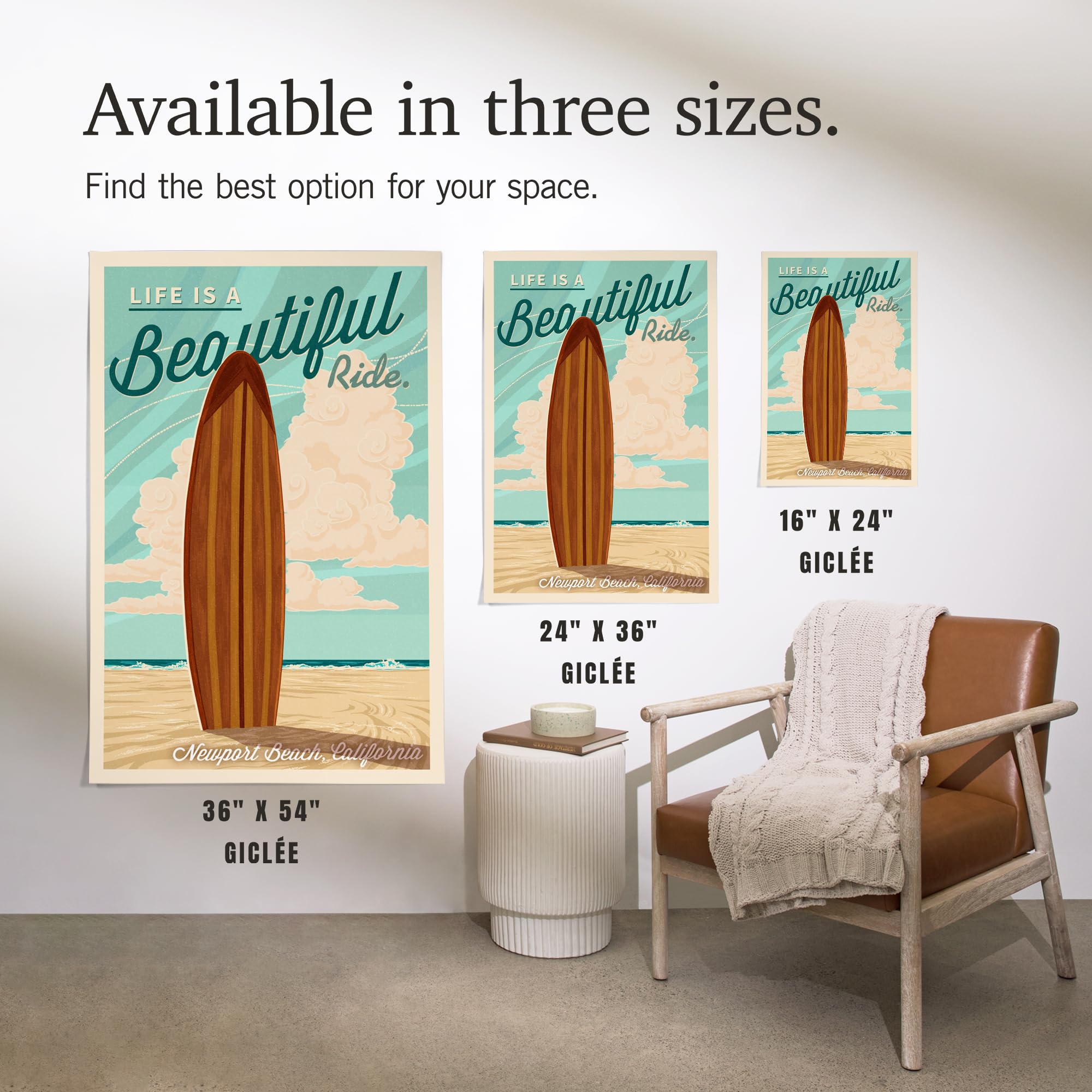Lantern Press 16x24 Inch Giclee Art Print - Newport Beach California Surfboard Letterpress Wall Decor - 'Life is a Beautiful Ride' Coastal Art for Beach House, Living Room & Office